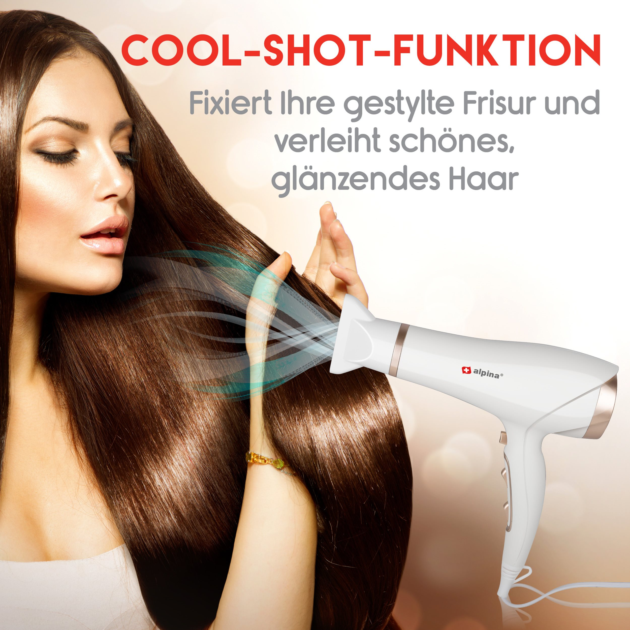 Een vrouw die een witte föhn gebruikt, met tekst over een coolshot-functie en het resultaat van glanzend haar.