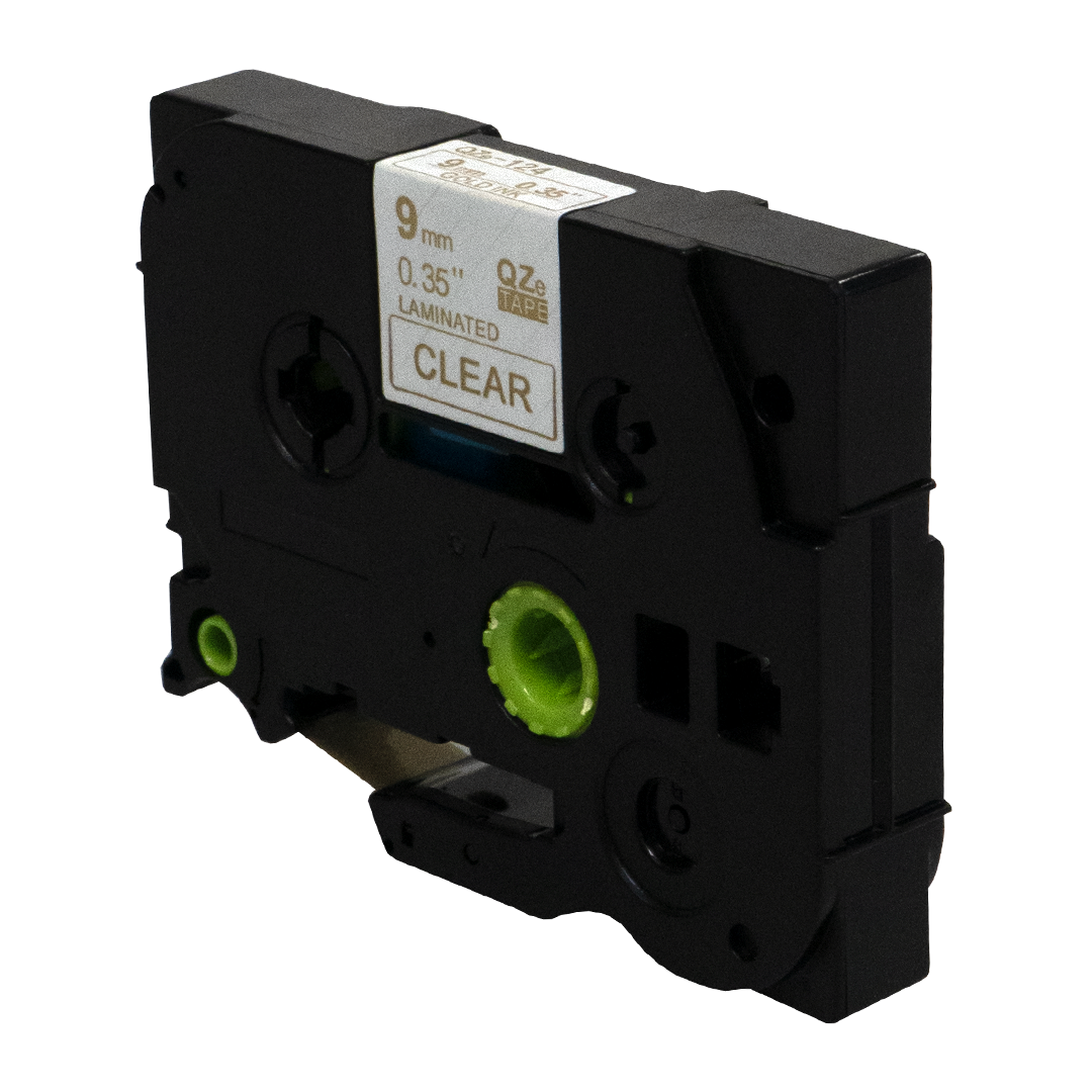 Zwarte labelmaker cartridge met doorzichtige tape en groene details. Witte achtergrond.