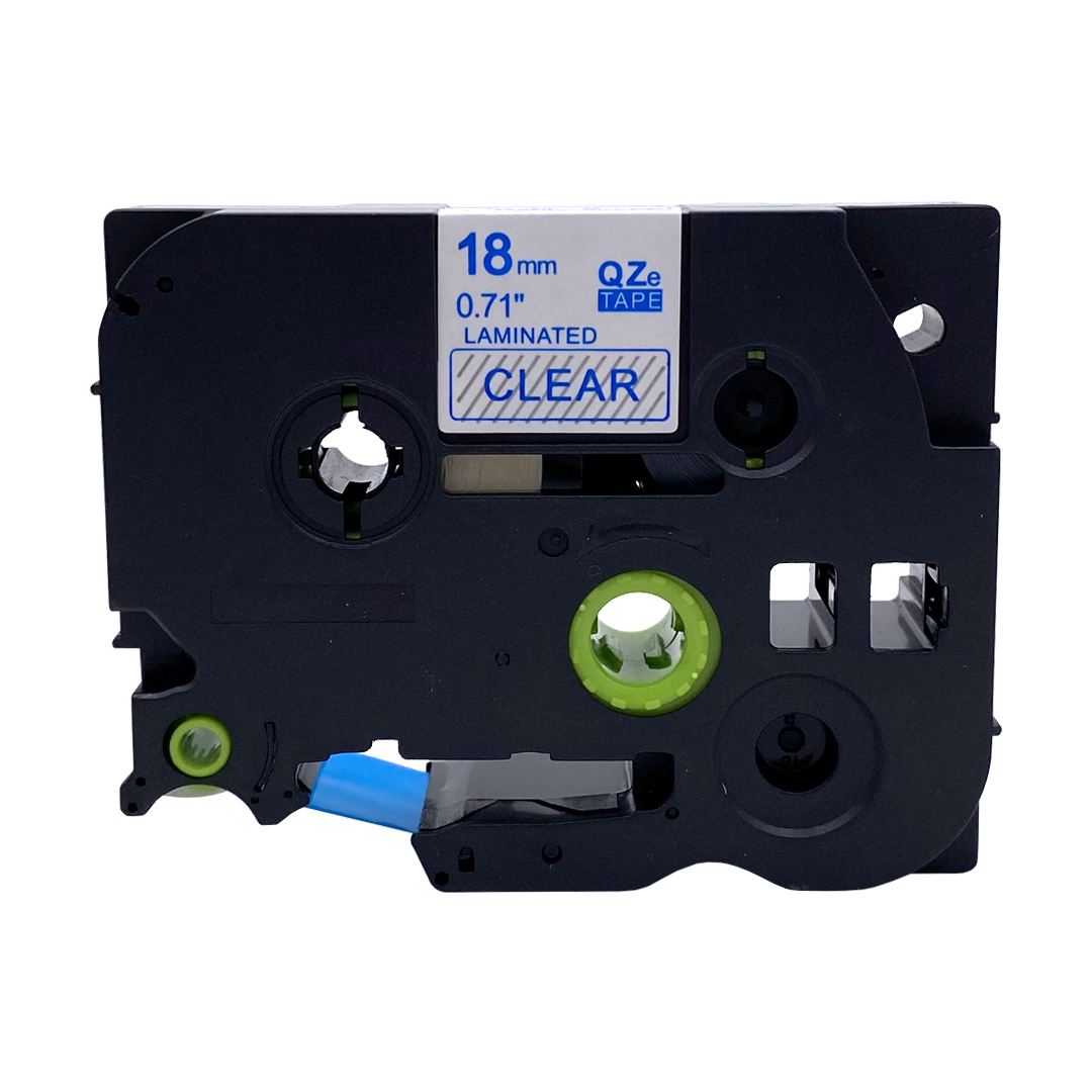 Zwarte labeltape cartridge met een doorzichtig label. Tekst: 18mm 0.71" LAMINATED CLEAR TAPE.
