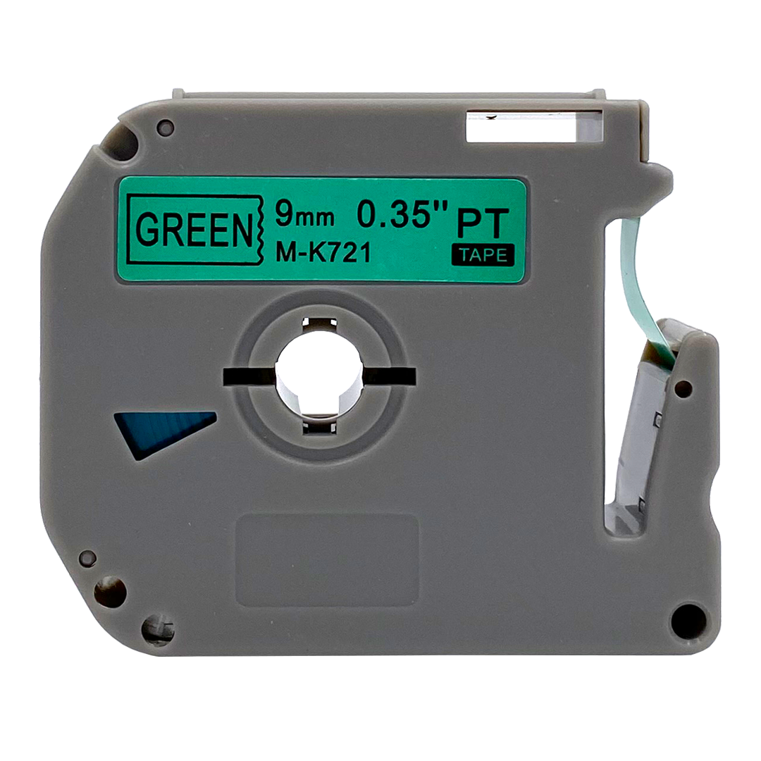 Grijze labelmaker cartridge met groene tekst: GREEN, 9mm, 0.35" PT TAPE.