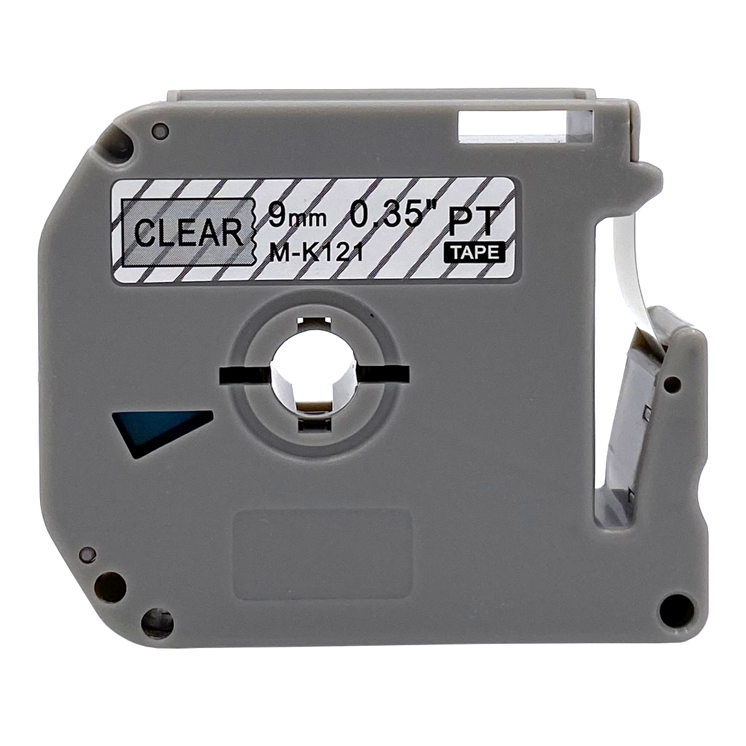 Een grijze labeltape cassette met tekst, gelabeld CLEAR. 9mm 0.35" PT TAPE.