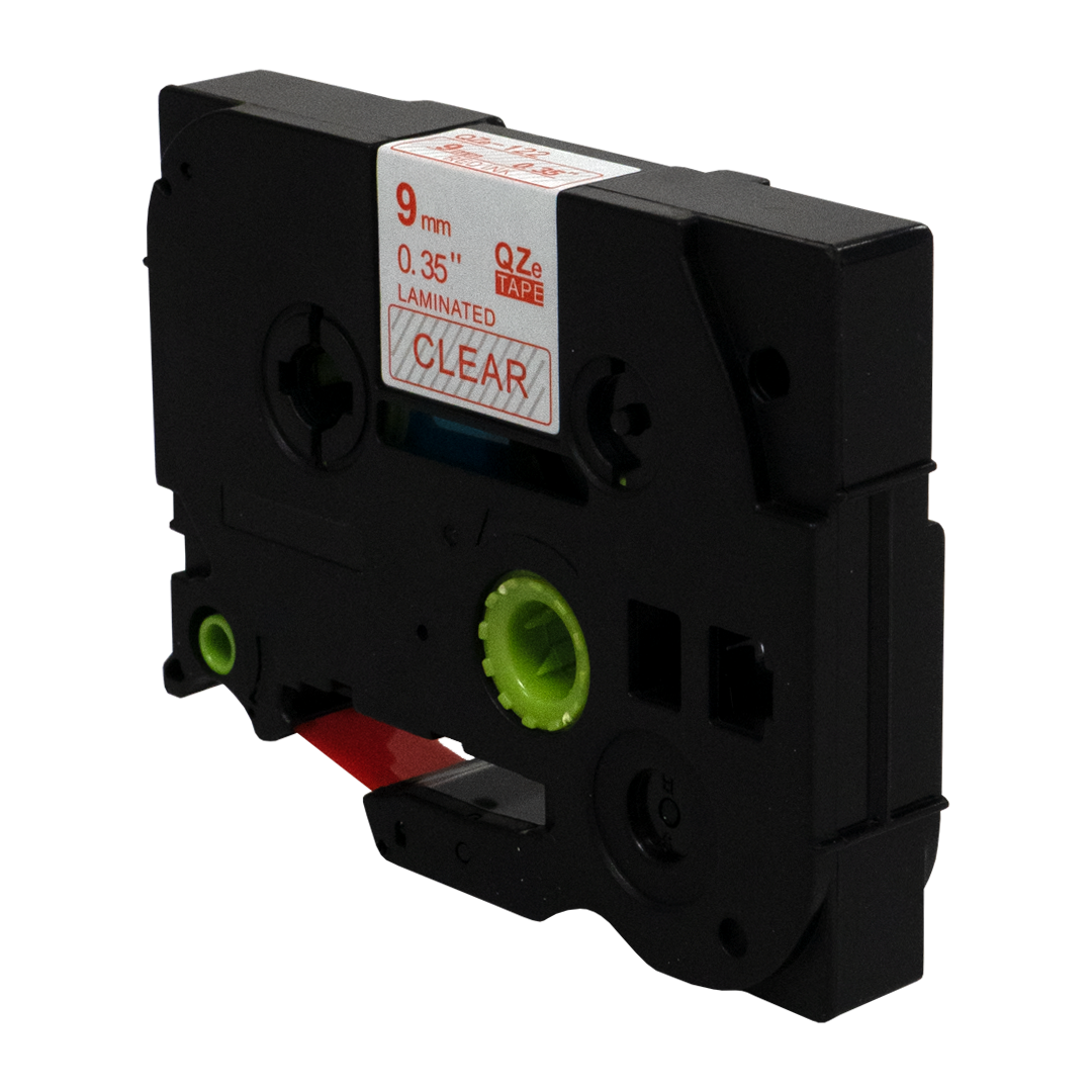Zwarte labeltape cartridge met doorzichtig label. Tekst: 9mm 0.35" LAMINATED CLEAR TAPE.