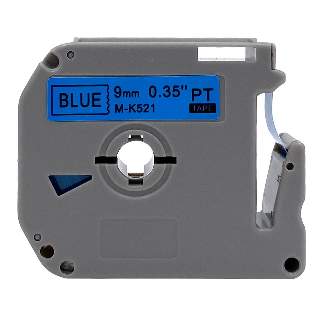 Gray label maker tape cartridge with blue text. Angled view. White background.