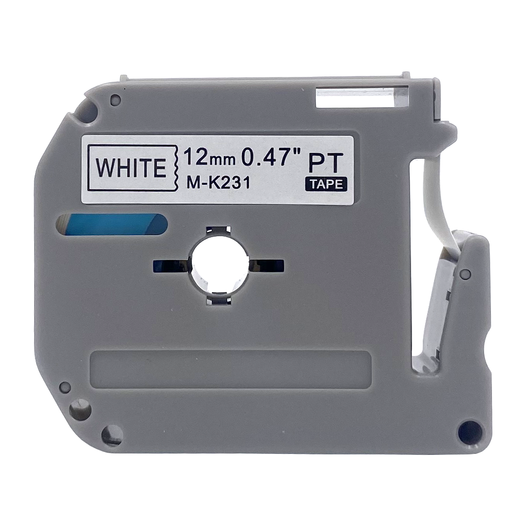 Gray label maker tape cartridge with white text. Angled view. White background.