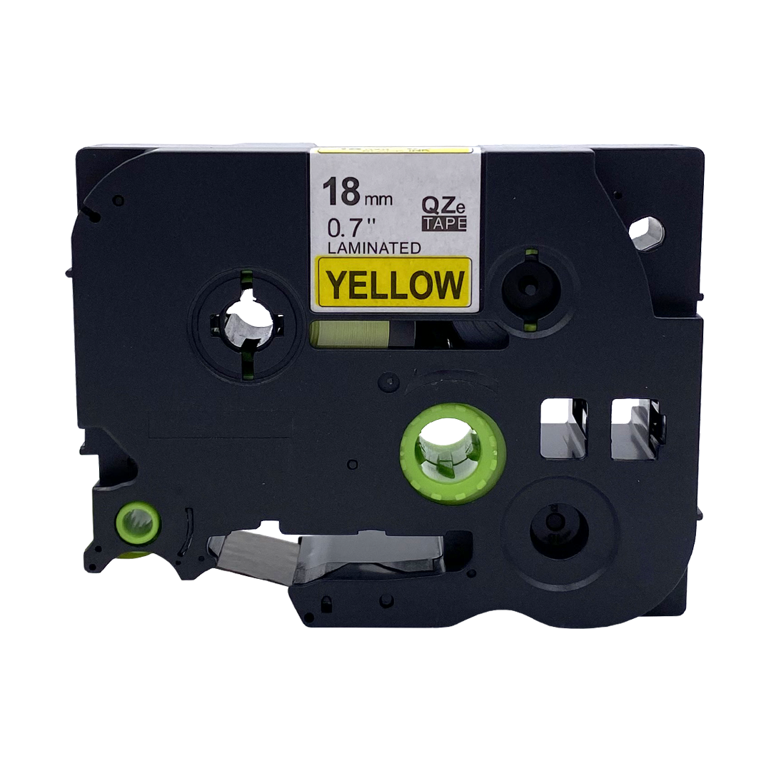 Gele label tape cartridge, zwarte behuizing, tekst: 18mm 0.7" QZe TAPE LAMINATED YELLOW.