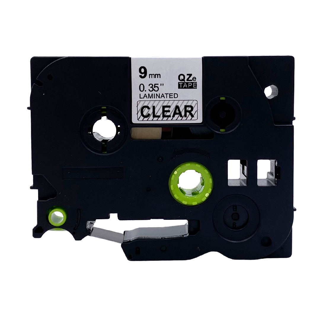 Label tape cartridge, zwarte behuizing, tekst: 9mm 0.35" QZe TAPE LAMINATED CLEAR.