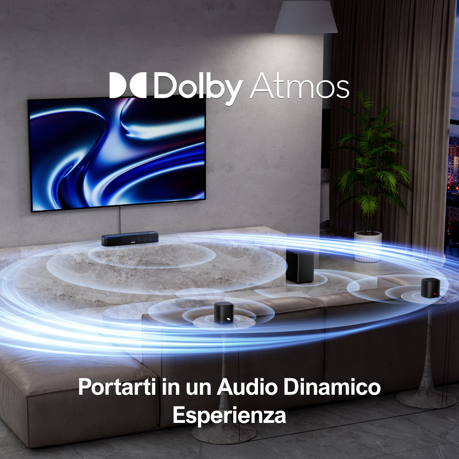 Un soggiorno con TV, altoparlanti e divano. Il testo "Dolby Atmos" è sulla TV. Il testo italiano dice "Esperienza audio dinamica".