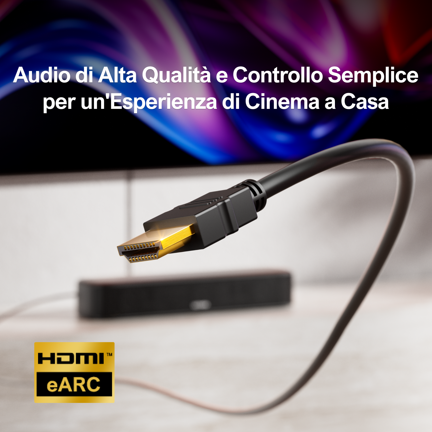 Un cavo HDMI nero con connettori dorati è a fuoco. Il testo indica audio di alta qualità.