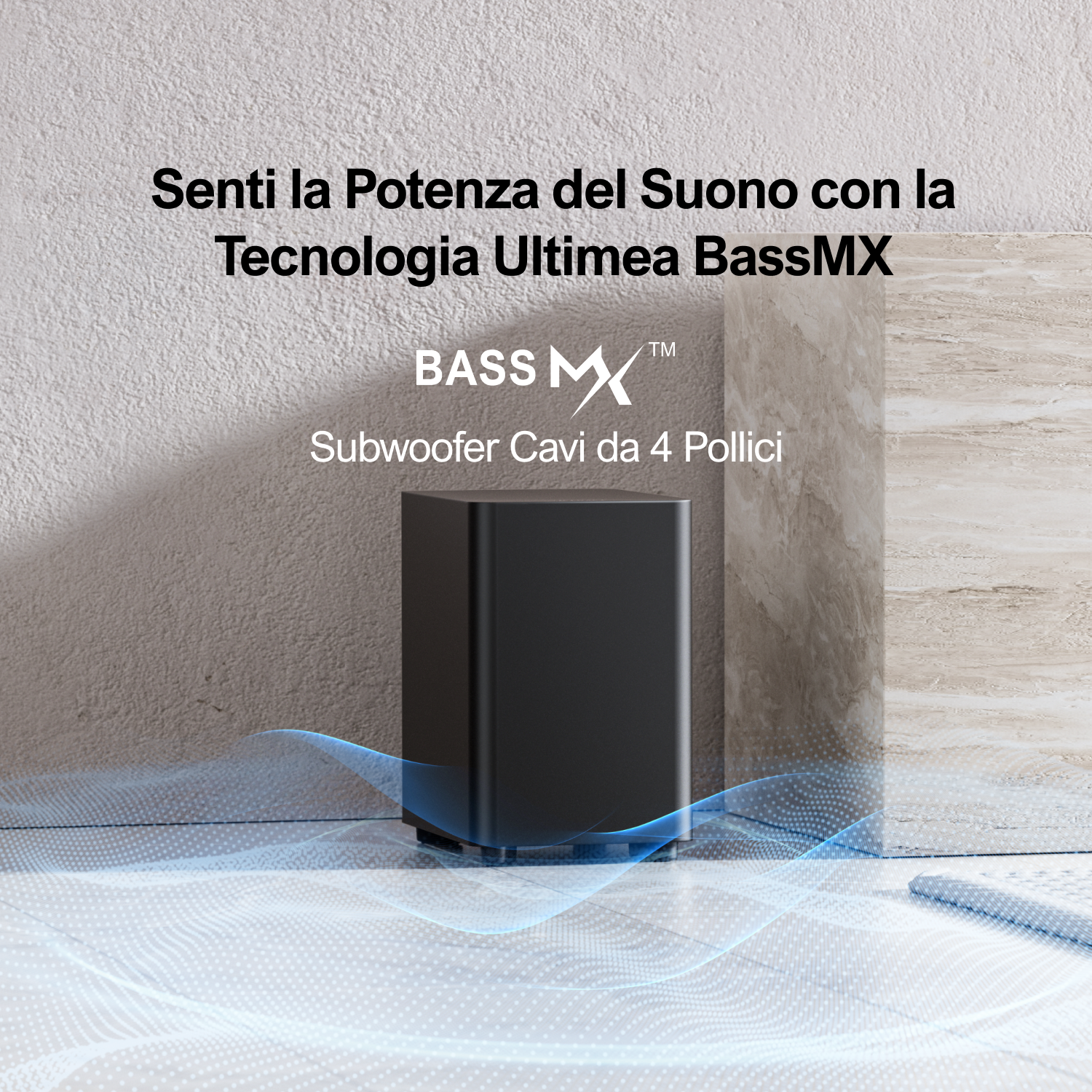 Subwoofer nero. Testo: Bass MX, Subwoofer Cavi da 4 Pollici. Onde blu in basso.
