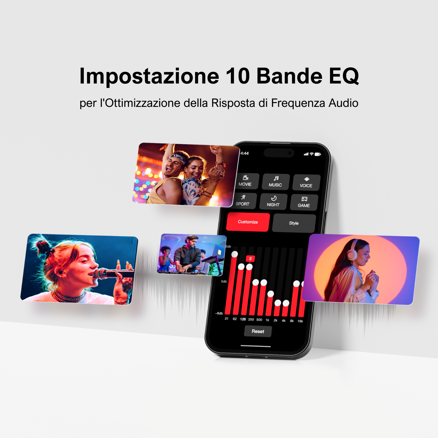 Uno schermo di smartphone che mostra un'interfaccia di equalizzatore con varie miniature di musica e video.