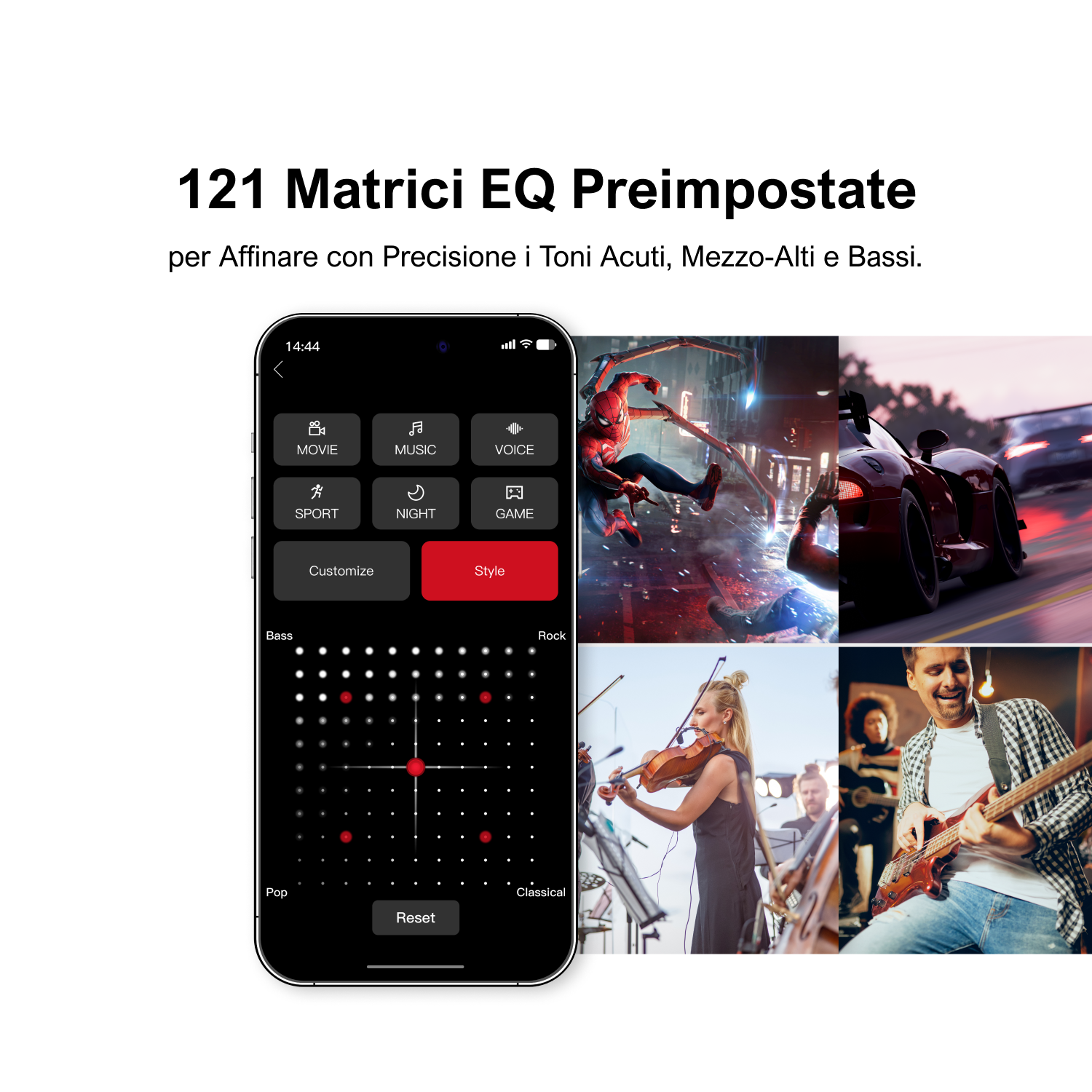 Schermo dello smartphone che mostra l'interfaccia dell'app con varie impostazioni audio.