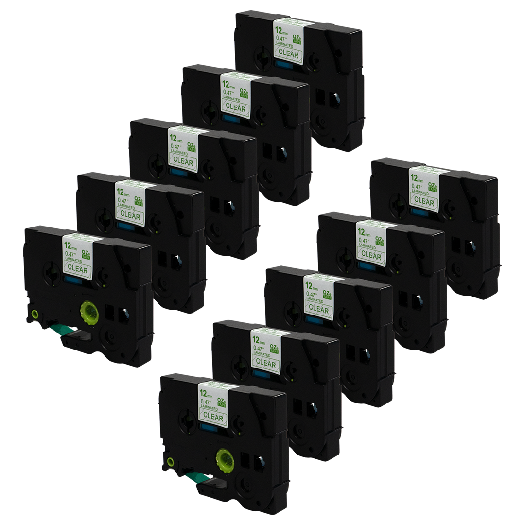 Meerdere zwarte tape cartridges met doorzichtige labels.