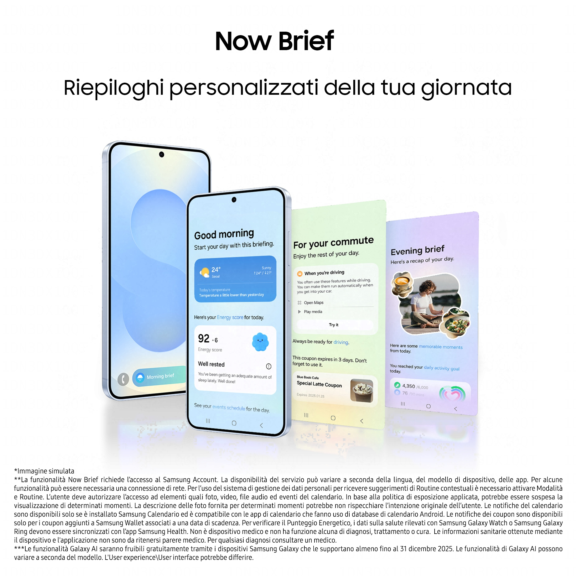 Trzy smartfony pokazujące funkcję Now Brief, z różnymi ekranami interfejsu i białym tłem.