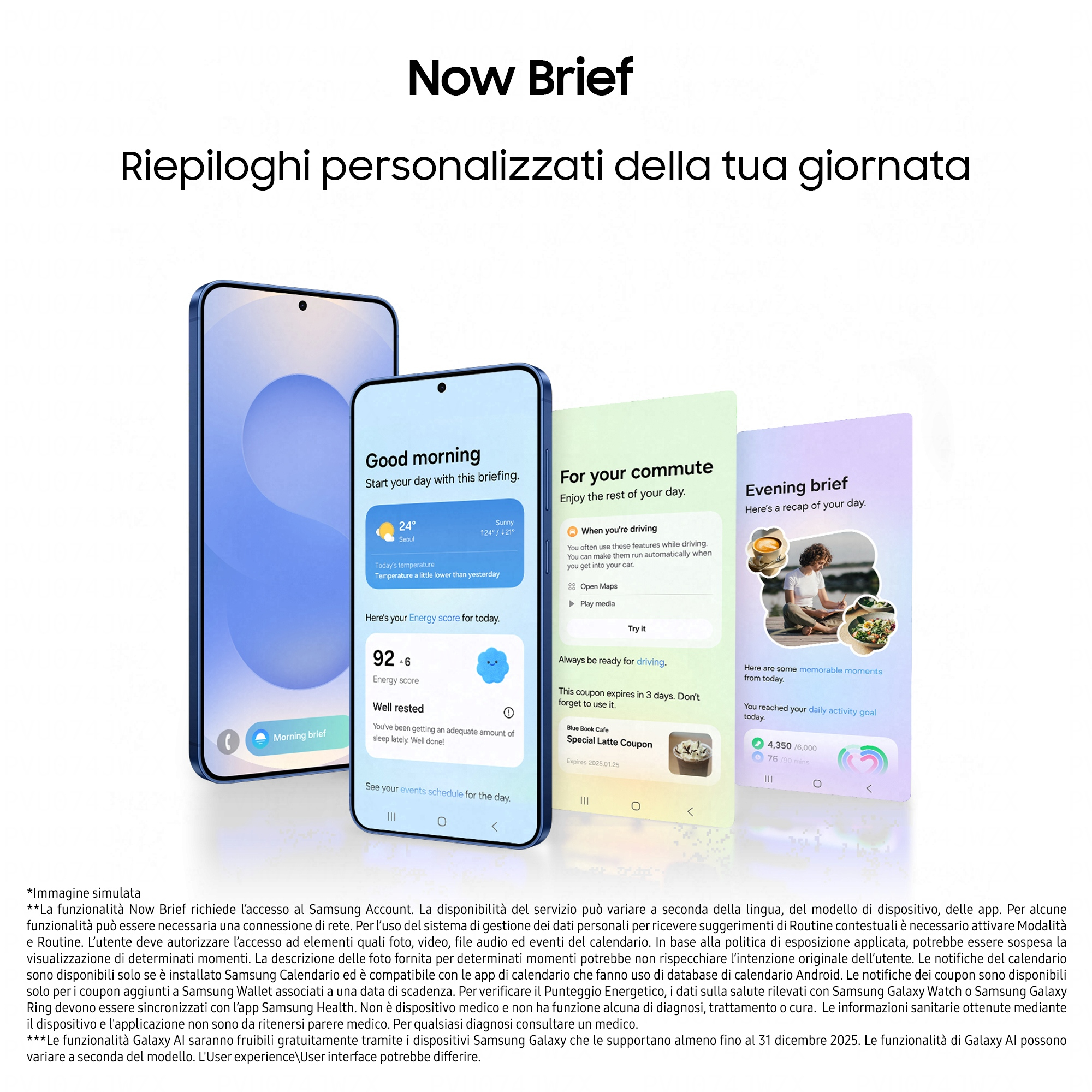 Eine Handy-Oberfläche zeigt ein 'Now Brief' mit personalisierten Informationen. Drei verschiedene Oberflächen.