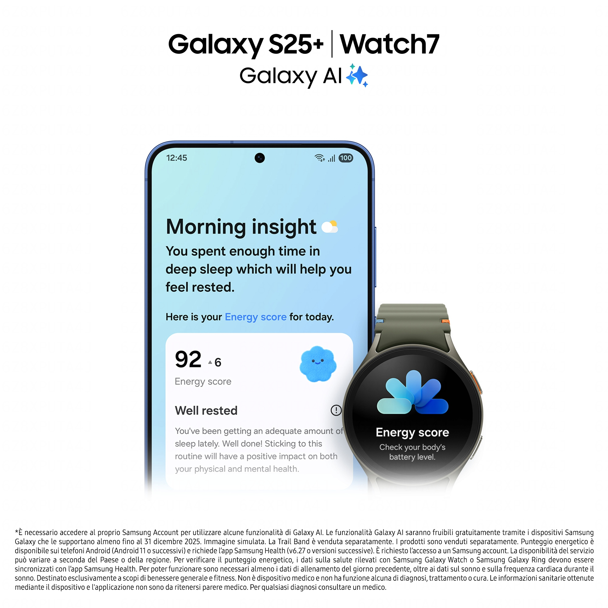 Telefon Samsung wyświetla ekran 'Morning Insight'. Smartwatch pokazuje wynik energii.