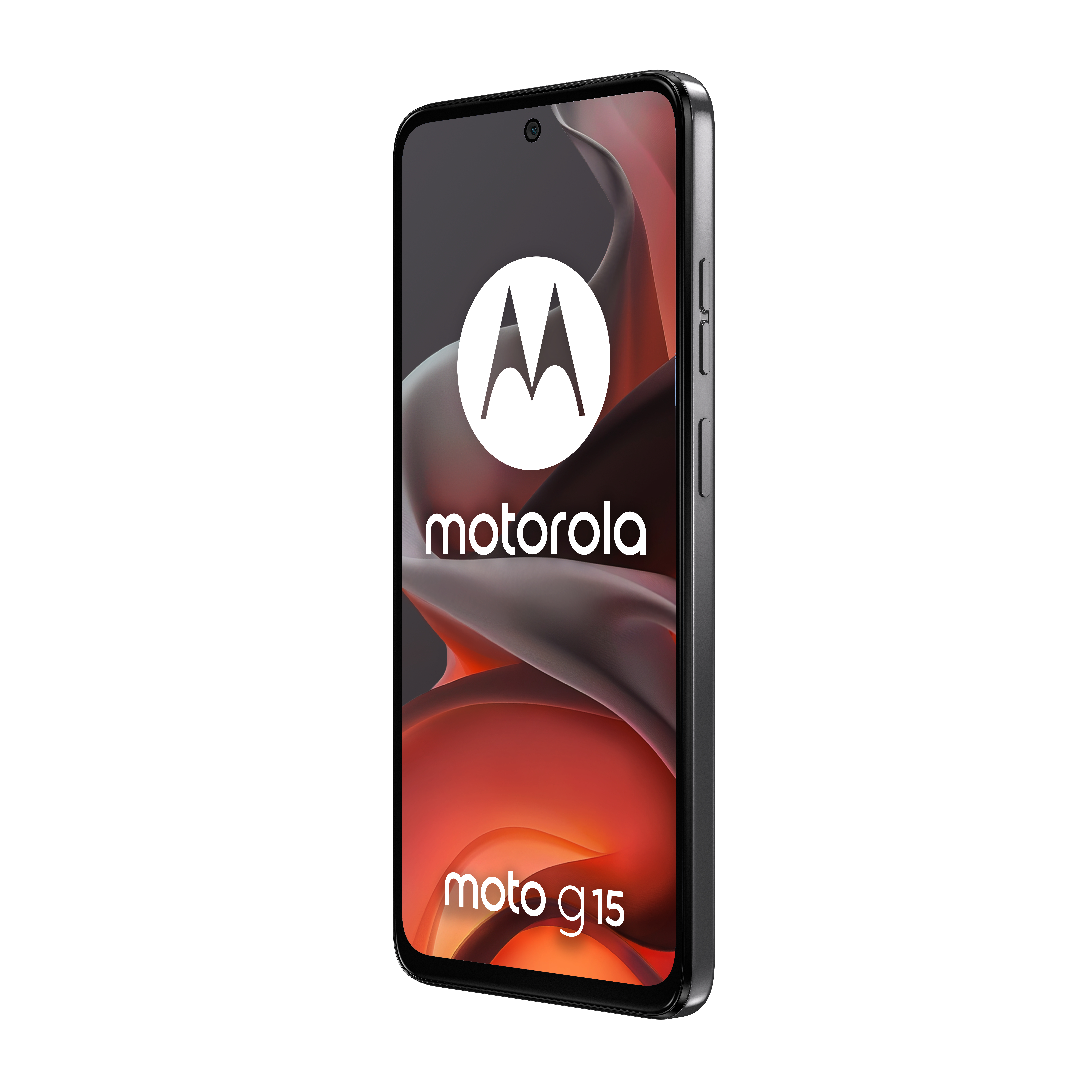 Smartfon Motorola Moto G15. Telefon jest czarny z dużym logo Motorola.