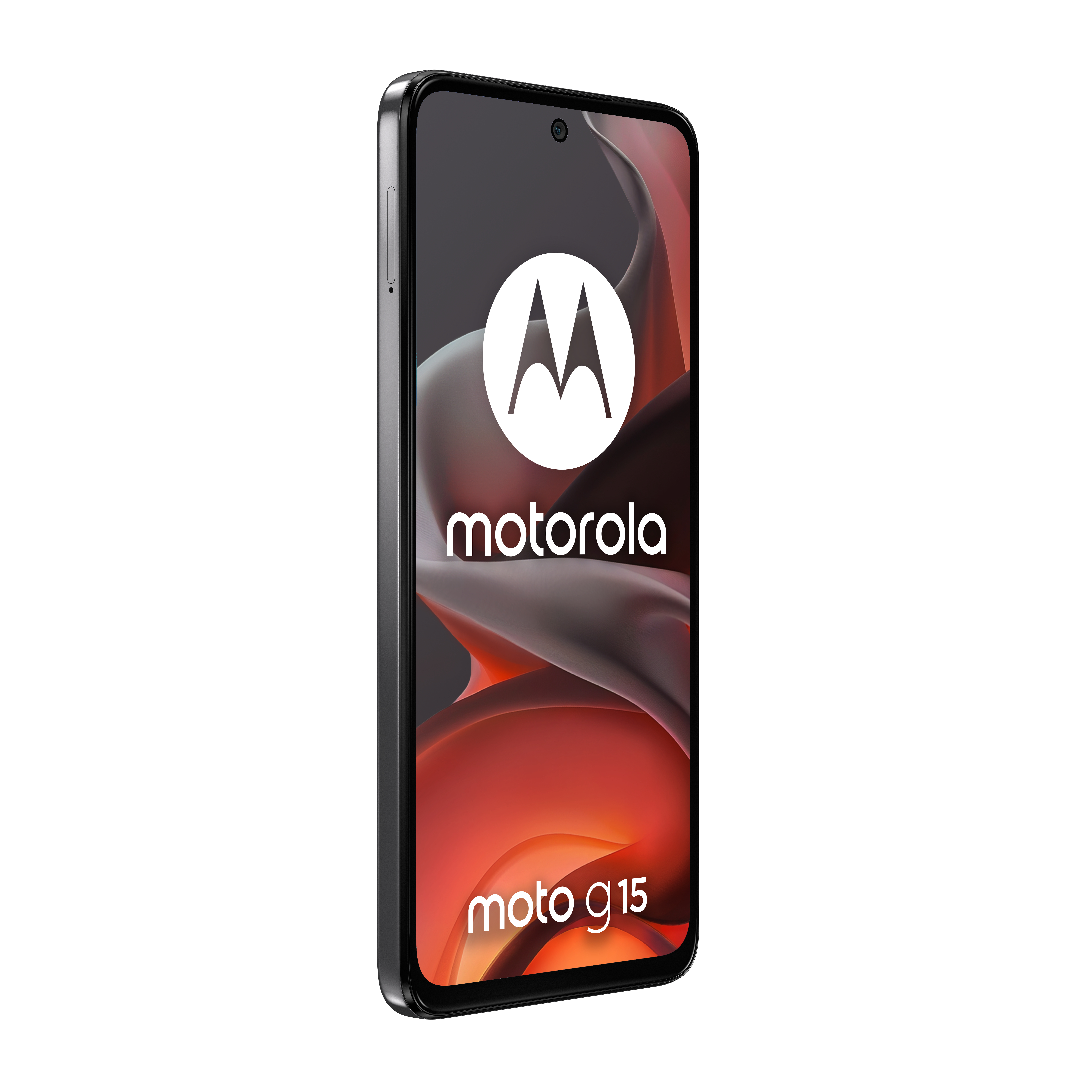 Czarny smartfon Motorola moto g15. Logo Motorola na ekranie.