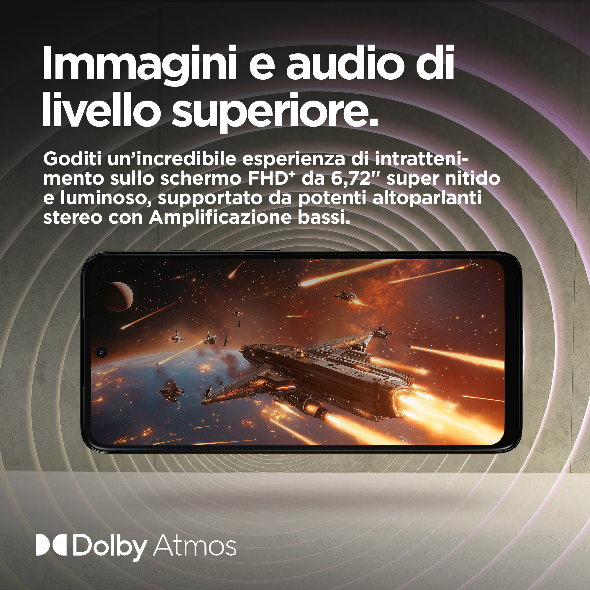 Ekran telefonu z bitwą kosmiczną, tekstem i logo Dolby Atmos.