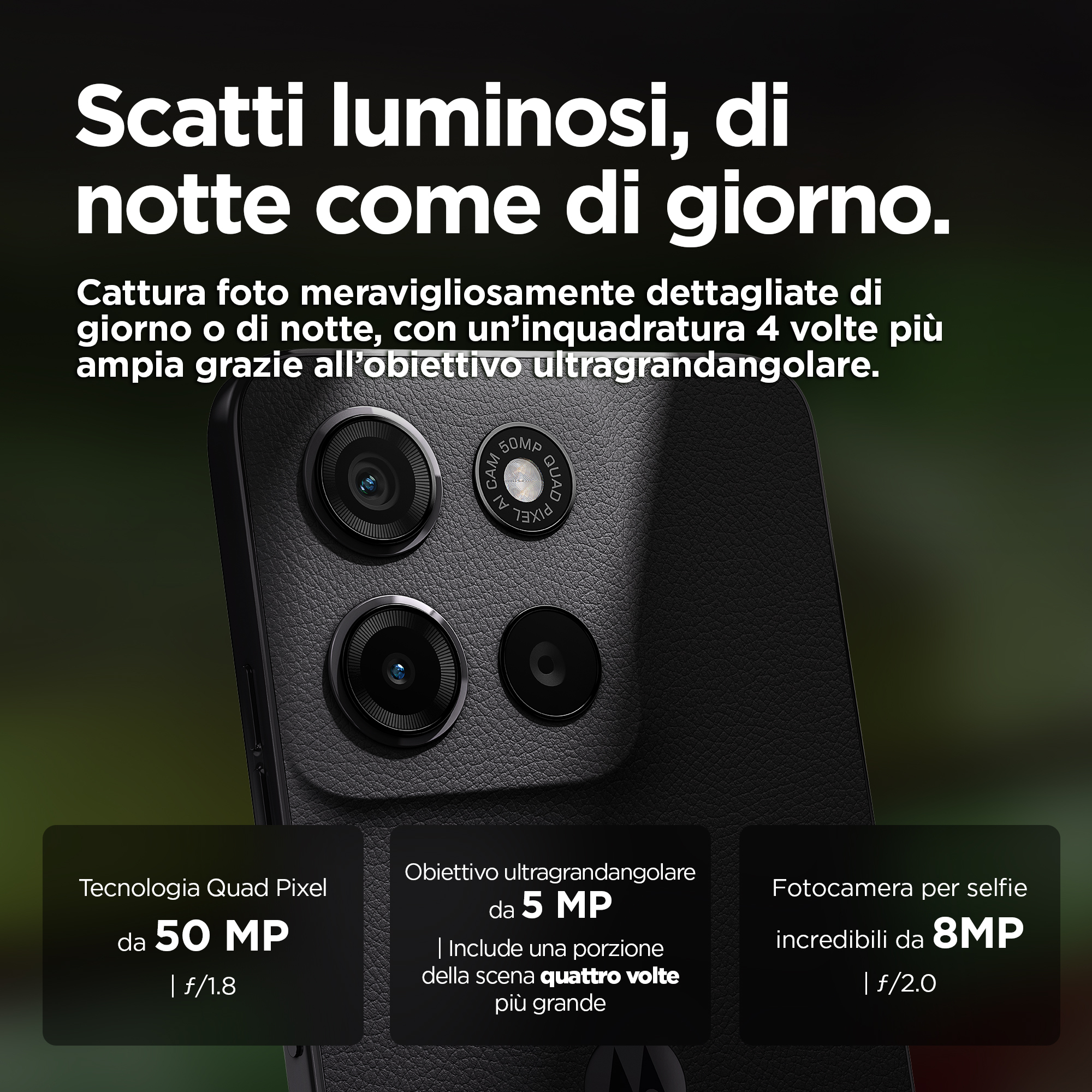 Zbliżenie czarnego telefonu z aparatami. Tekst o funkcjach aparatu w telefonie.