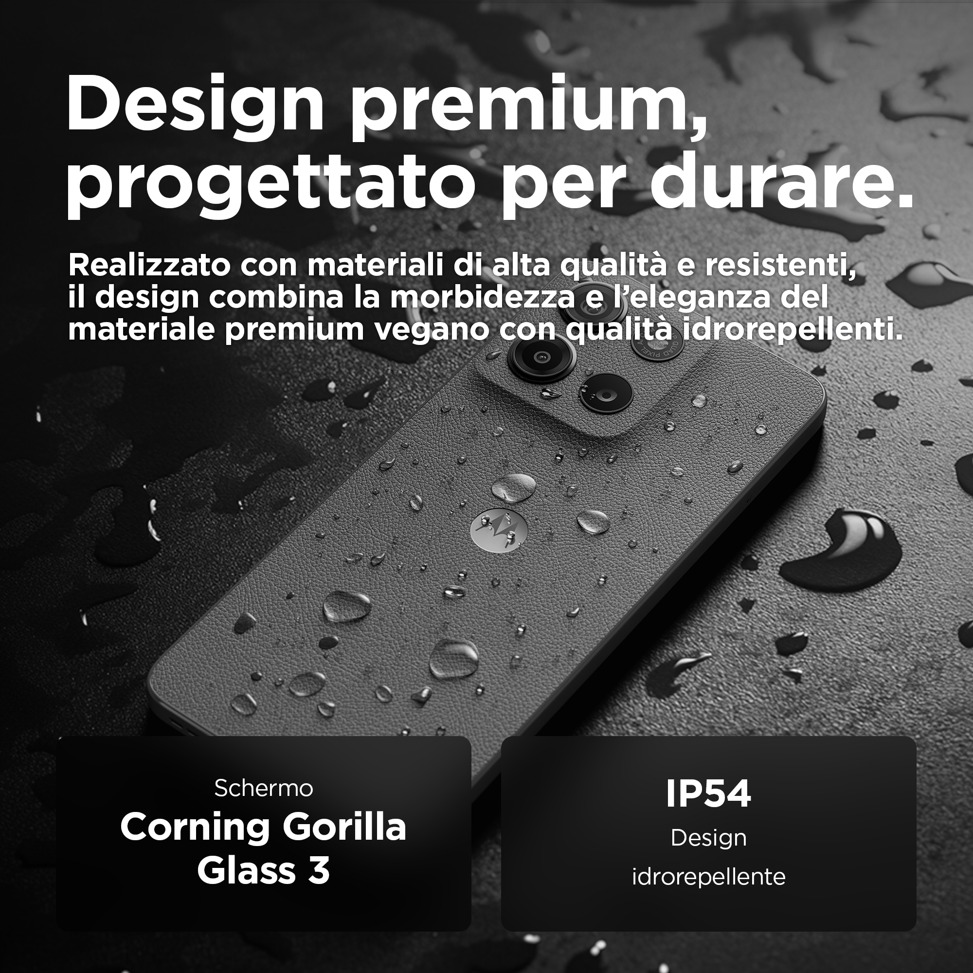 Smartfon z szarym tyłem, czarną ramką i kroplami wody, z tekstem.