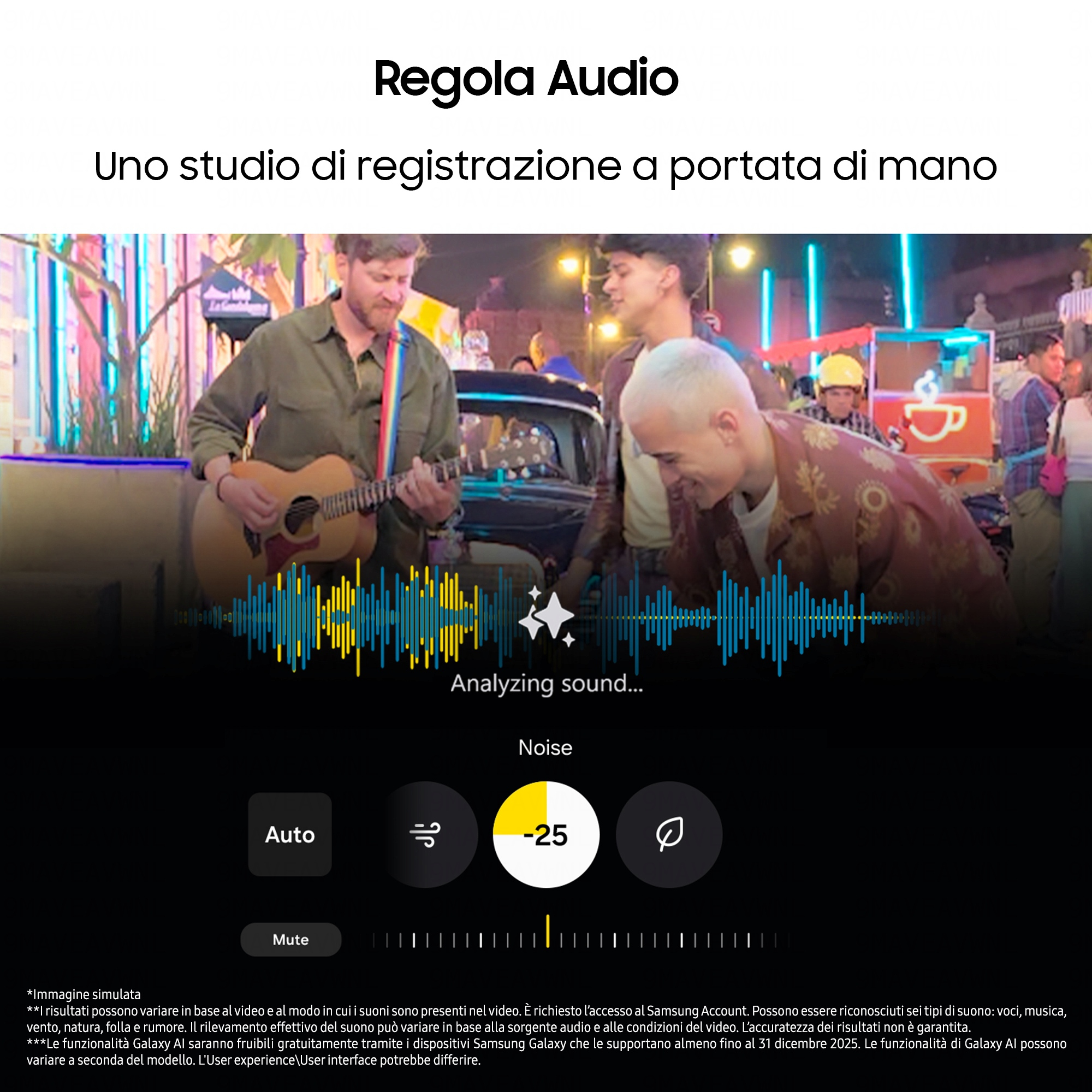 Obraz studia nagraniowego z dwoma mężczyznami grającymi na gitarze i wizualizacją fali dźwiękowej.