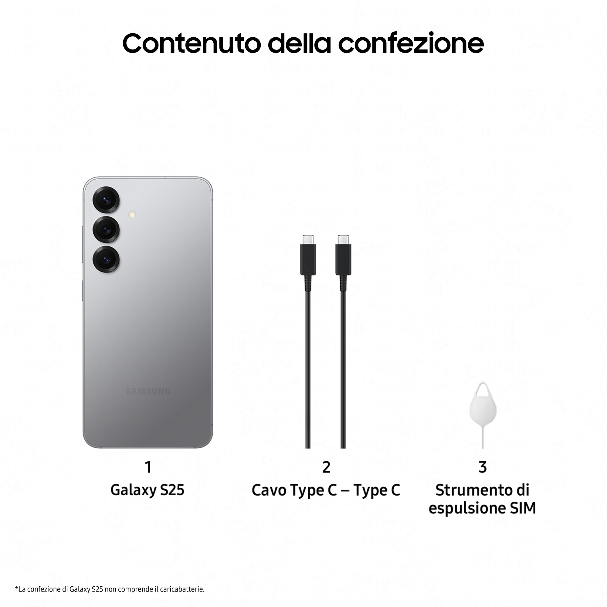 Opakowanie Samsung Galaxy S25 z telefonem, kablem i narzędziem do wysuwania karty SIM.