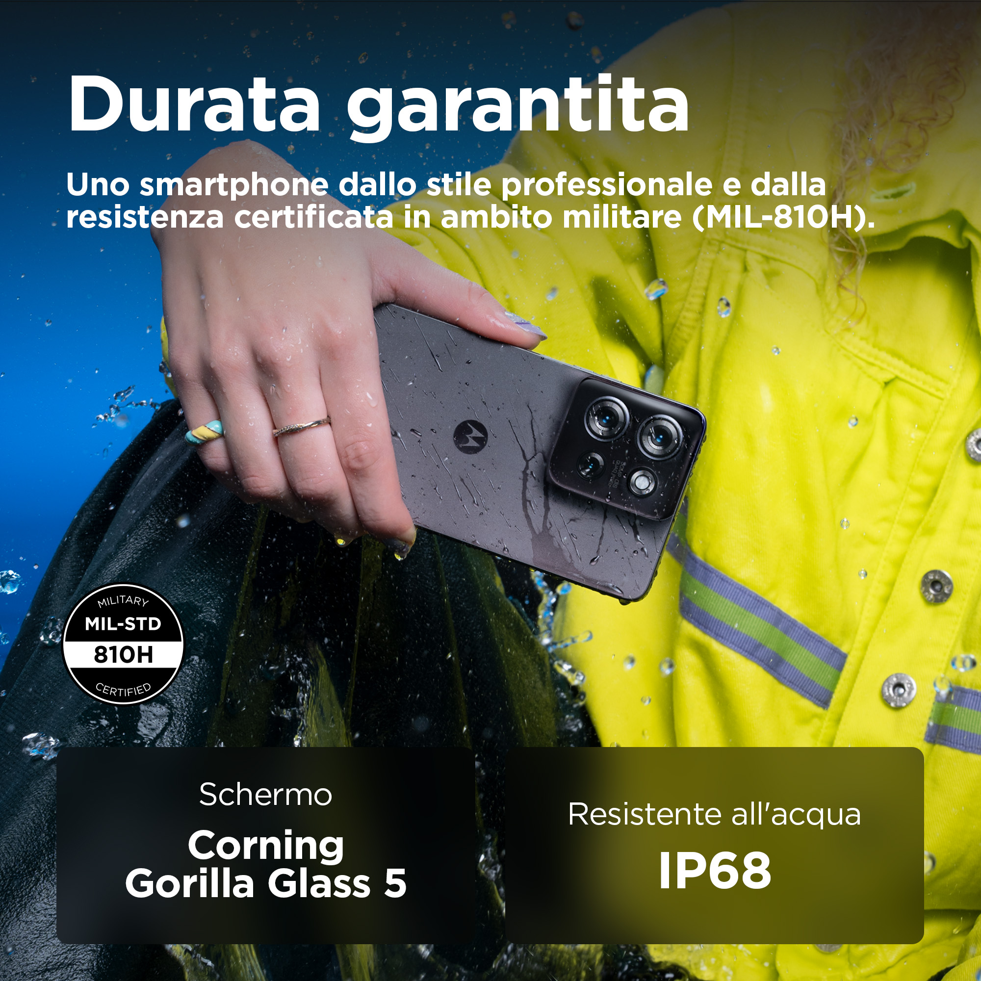 Smartfon z kroplami wody. Tekst o trwałości, wodoodporności i ekranie.