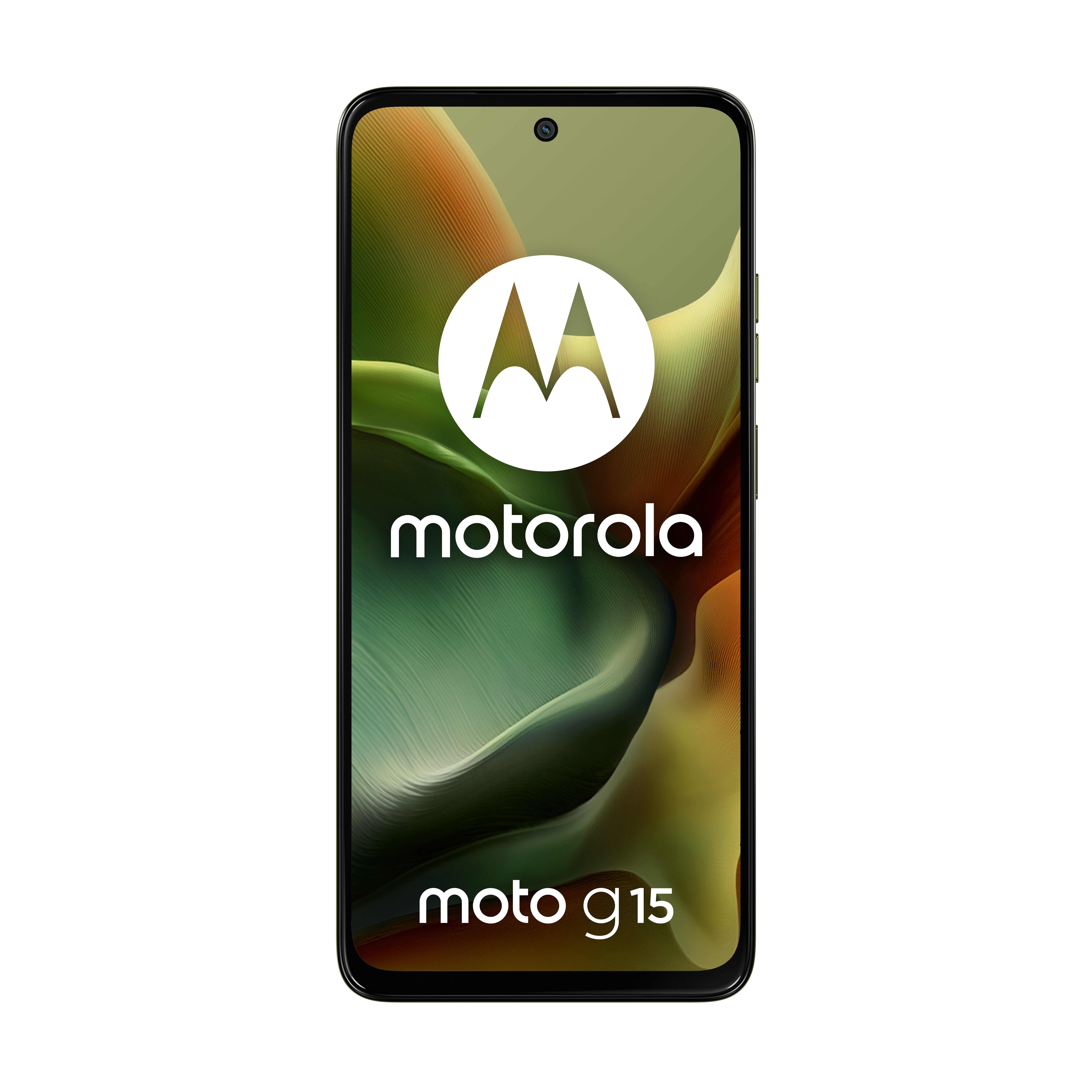 Smartfon Motorola Moto G15. Ekran wyświetla logo Motorola i grafikę.