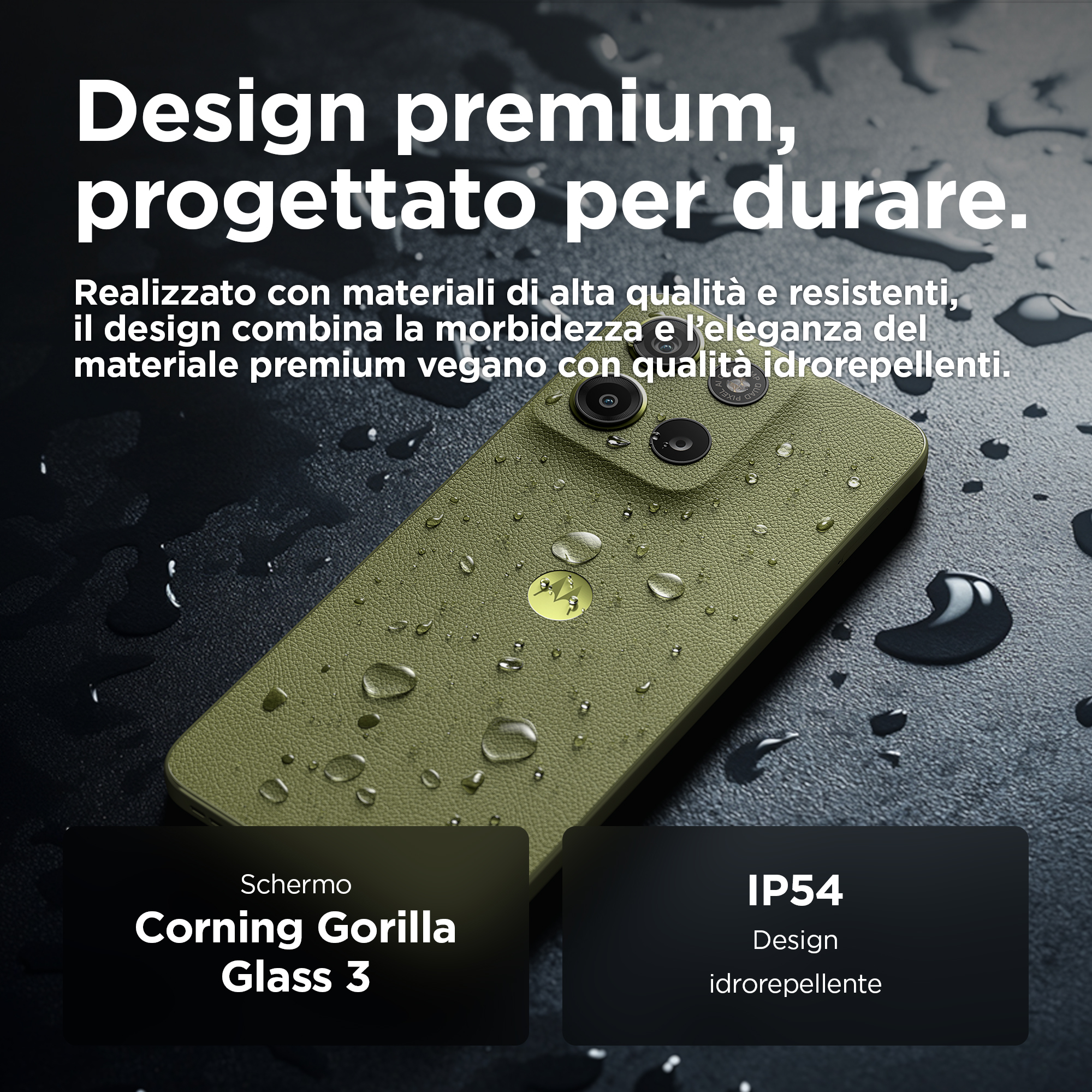 Zielony telefon z tekstem o premium designie. Krople wody są widoczne na telefonie.