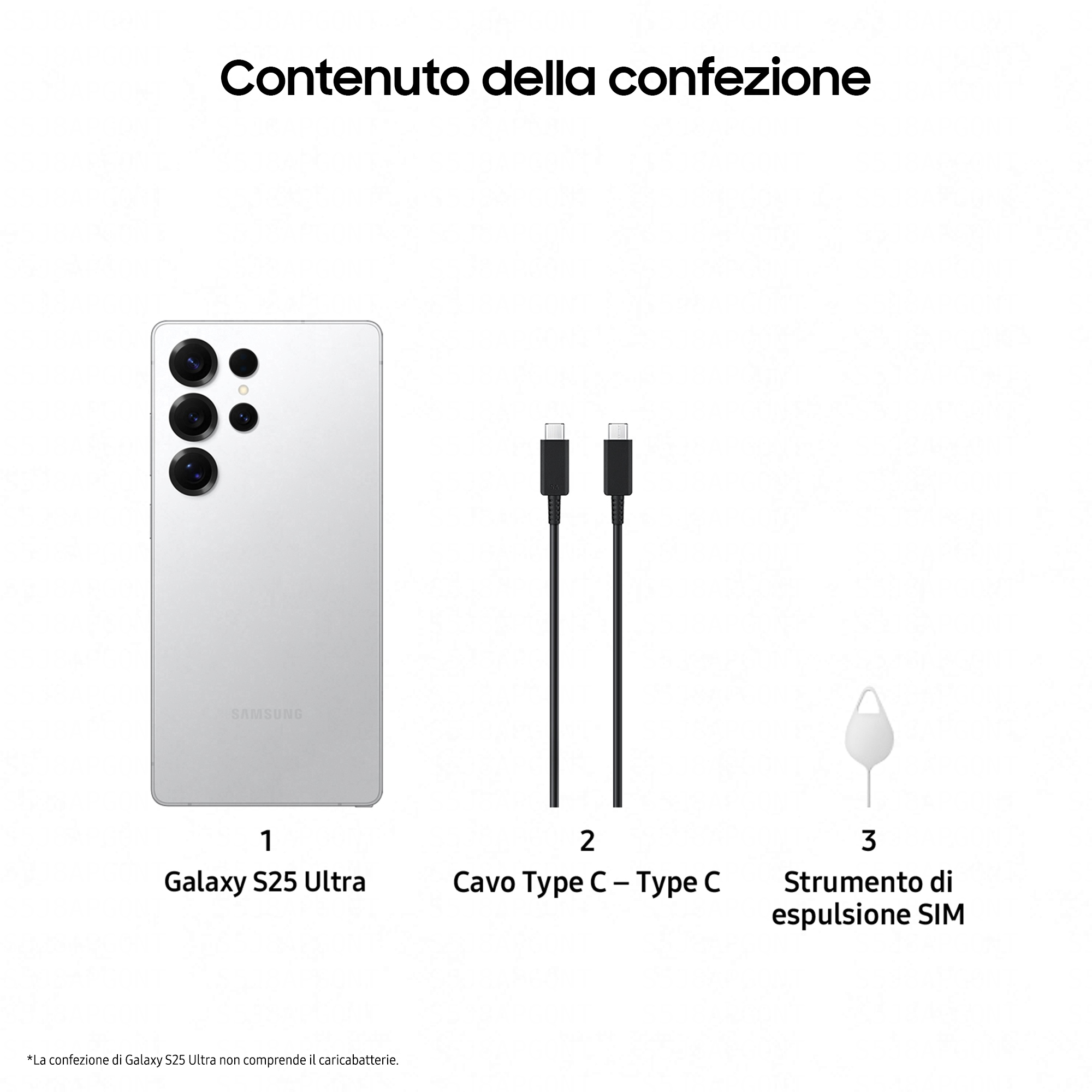 Zawartość pudełka Galaxy S25 Ultra: telefon, dwa kable i narzędzie do wysuwania karty SIM.