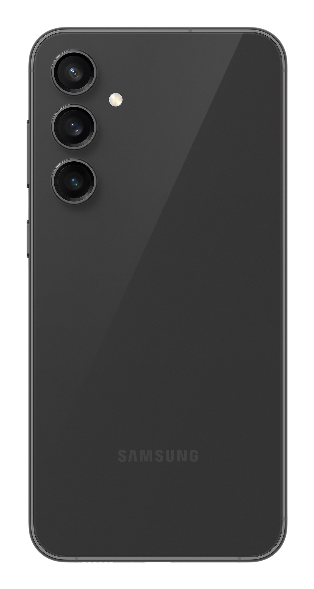 Tył czarnego telefonu Samsung. Posiada trzy aparaty, lampę błyskową i nazwę marki. Elegancki, minimalistyczny design na białym tle.