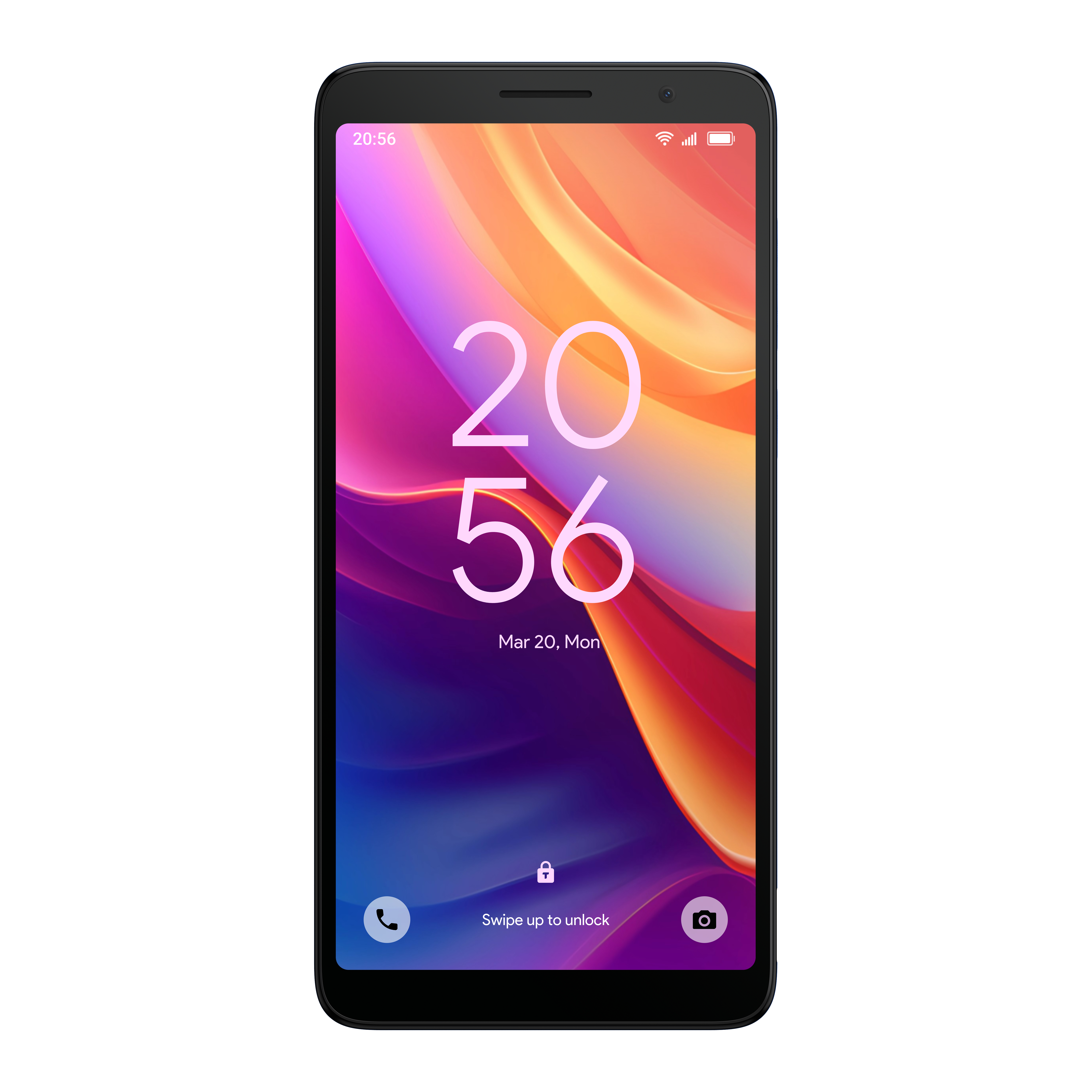 Smartphone nero con schermo luminoso che mostra ora e data. Uno sfondo colorato.