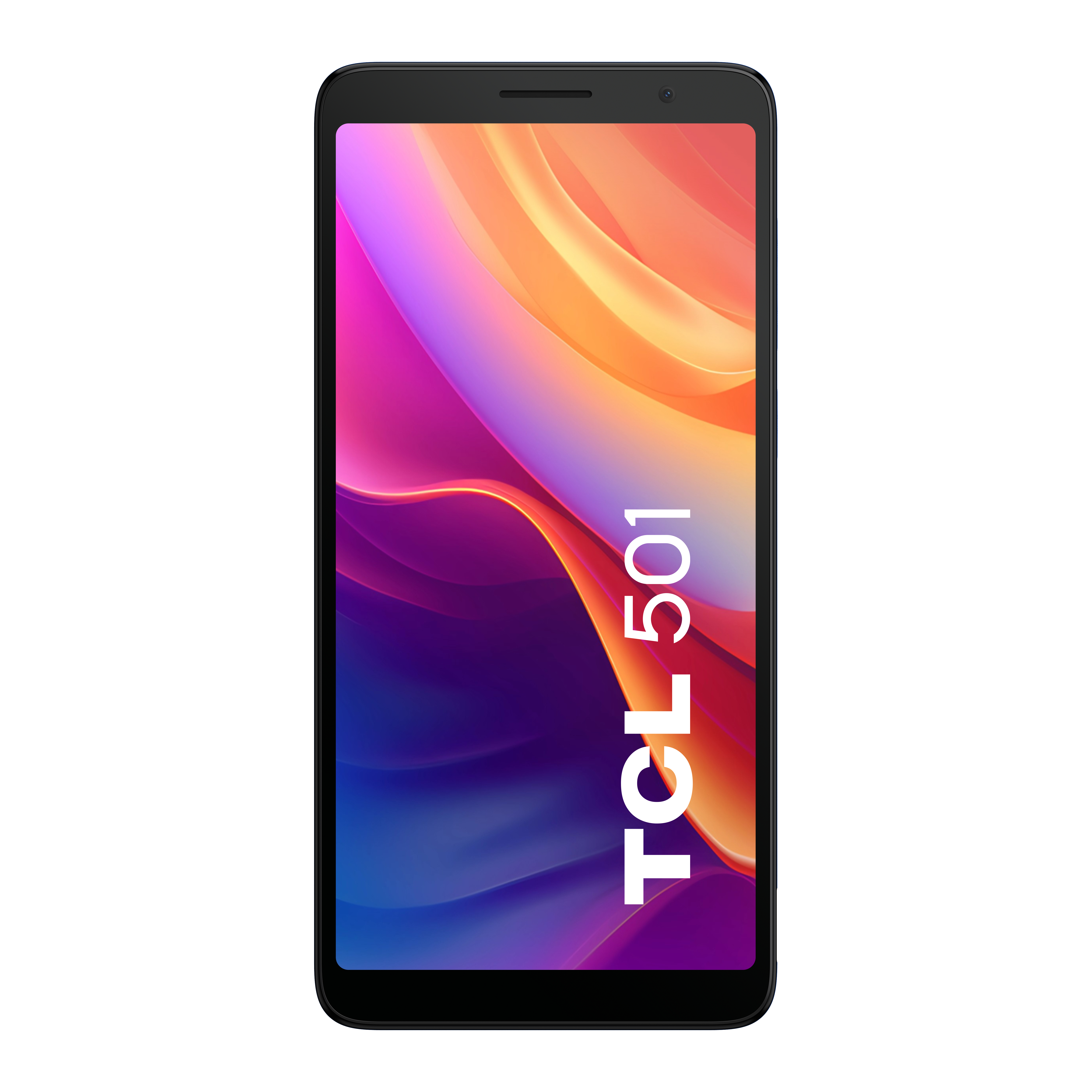 Smartphone TCL 501 nero. Lo schermo mostra arte astratta colorata. Il testo 'TCL 501' è visibile.