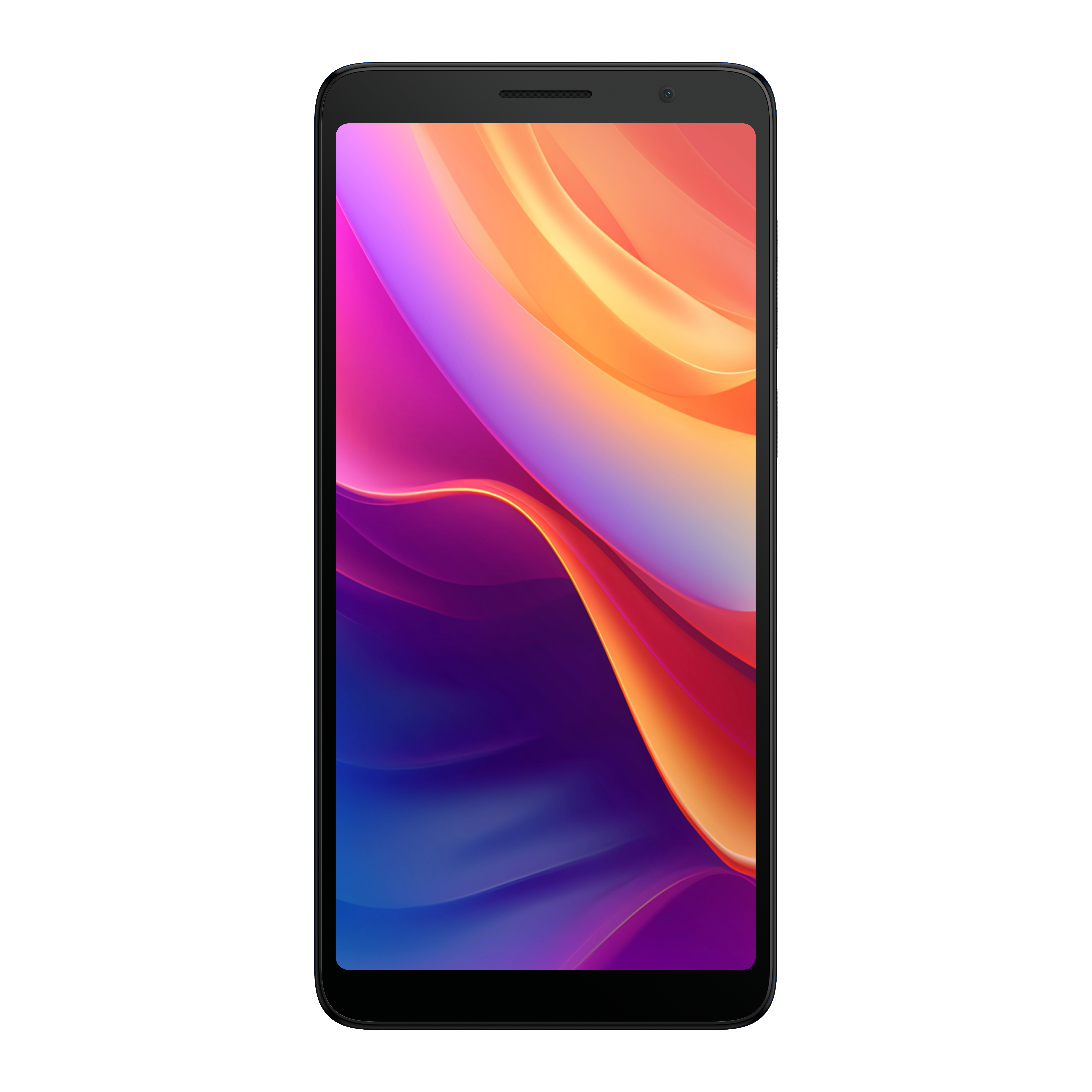 Uno smartphone nero con display a colori, su sfondo bianco.