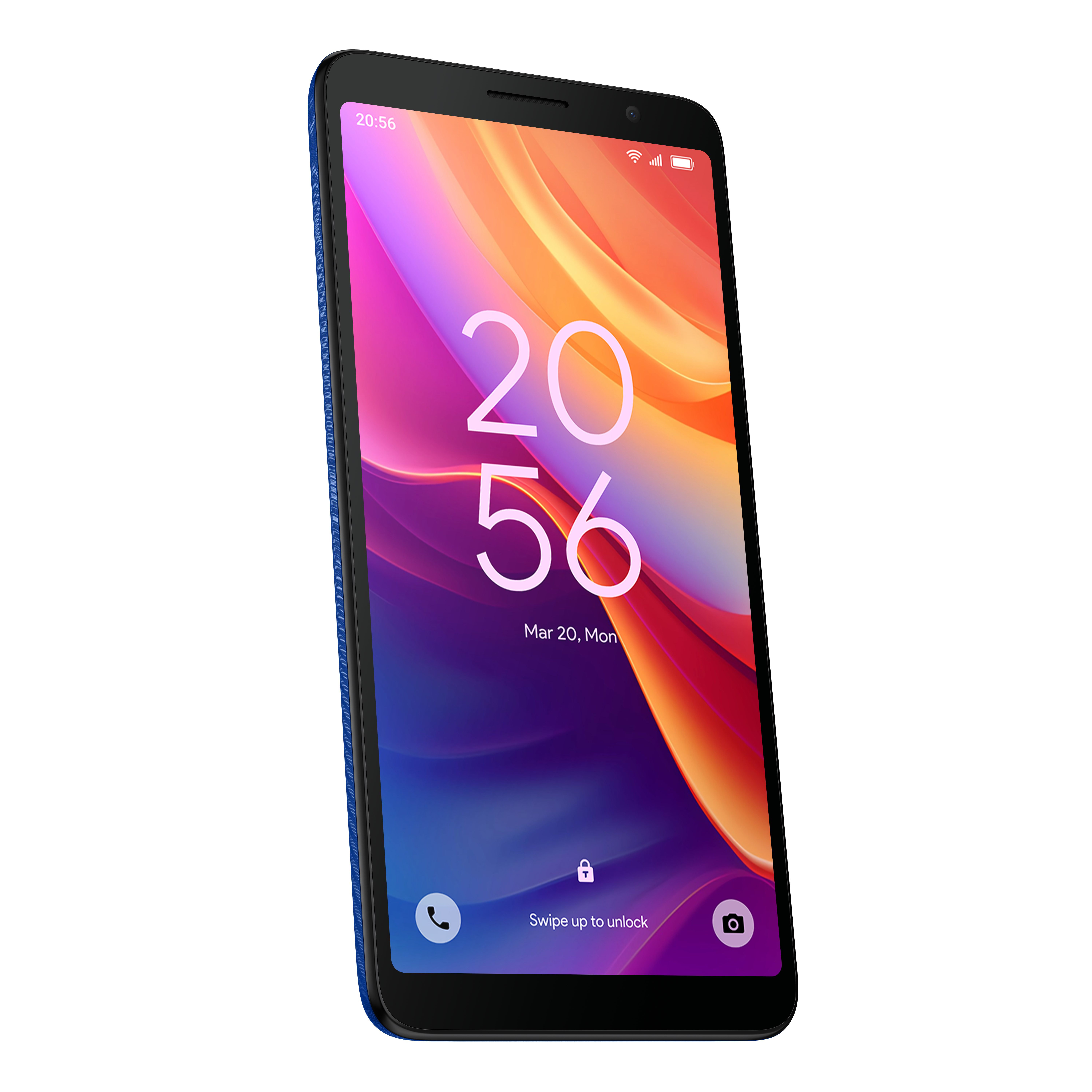 Smartphone blu con schermo colorato che mostra ora e data.