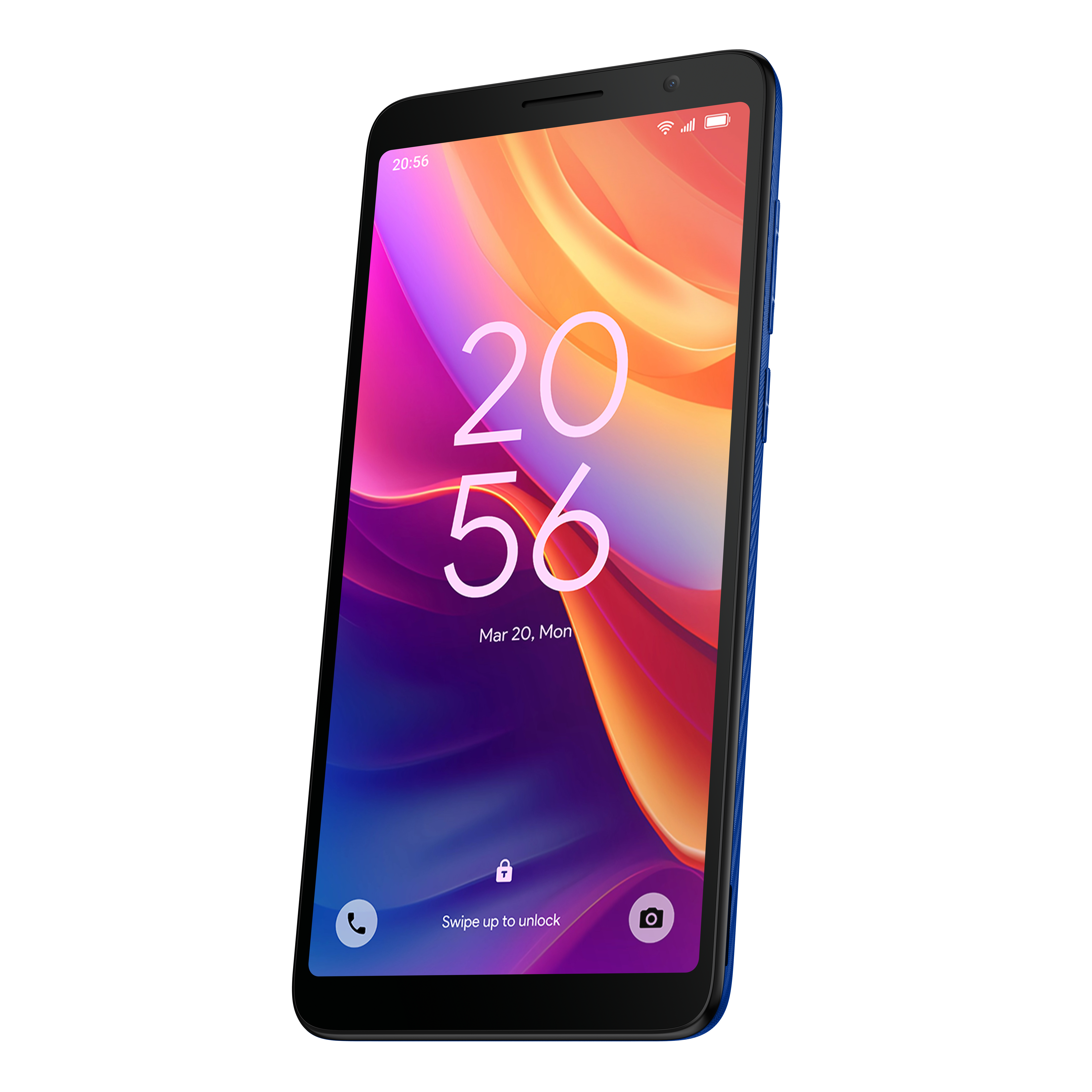 Uno smartphone con cornice blu che mostra l'ora e uno sfondo colorato.