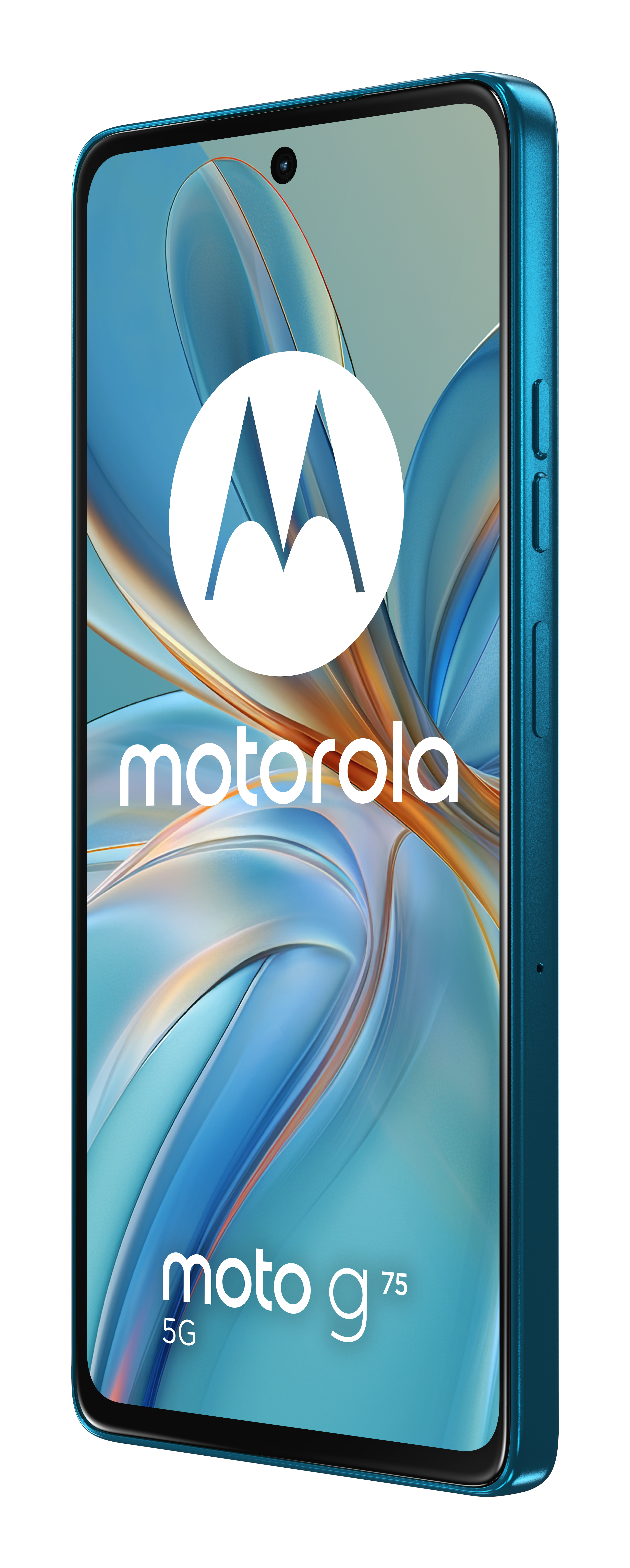 Telefon Motorola Moto G75 5G. Niebieski telefon, białe logo Motorola.