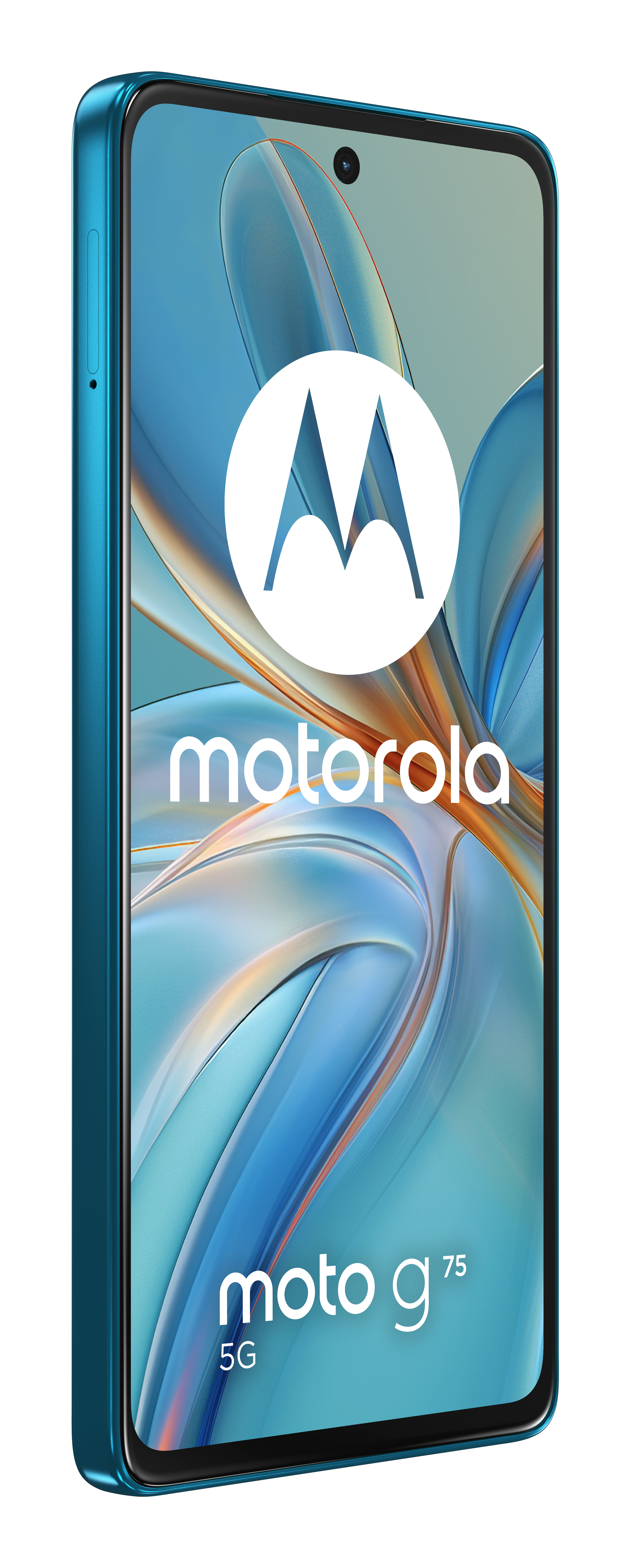 Turkusowy telefon Motorola z ekranem. Białe logo Motorola. Niebieskie i fioletowe tło abstrakcyjne.