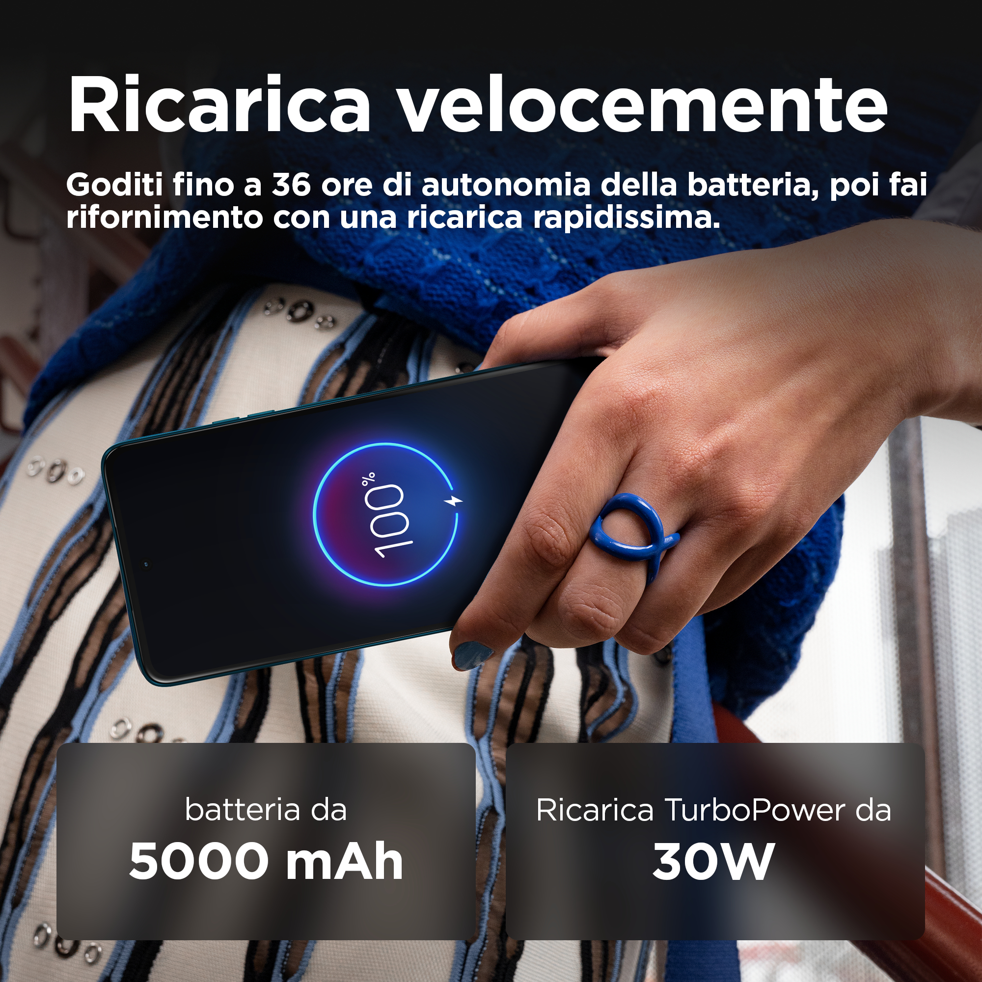 Dłoń kobiety trzymająca telefon w trakcie ładowania. Telefon pokazuje 100%. Niebieski pierścionek.