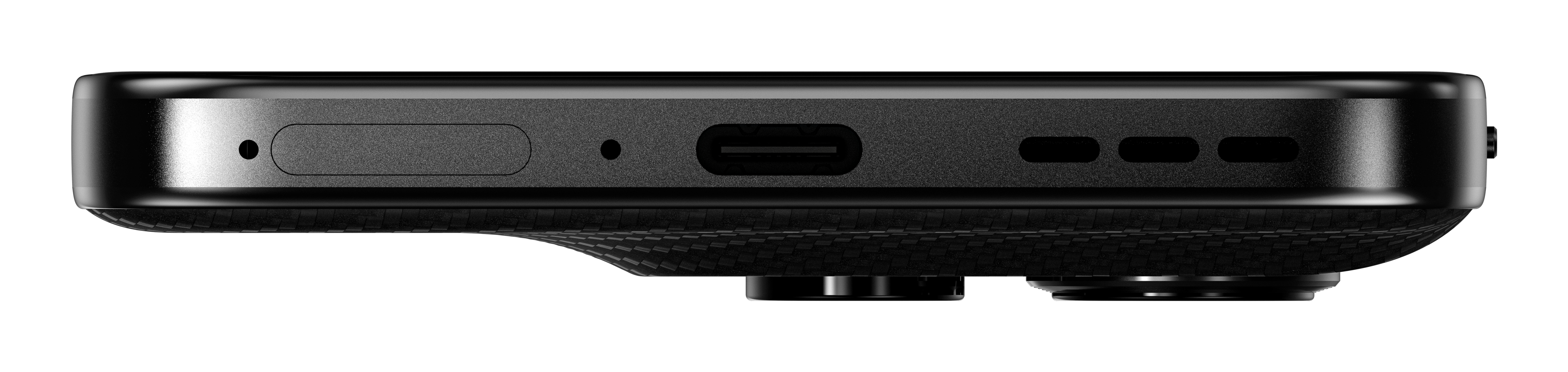 Czarny smartfon z boku z portami, w tym tacką na SIM i portem ładowania.