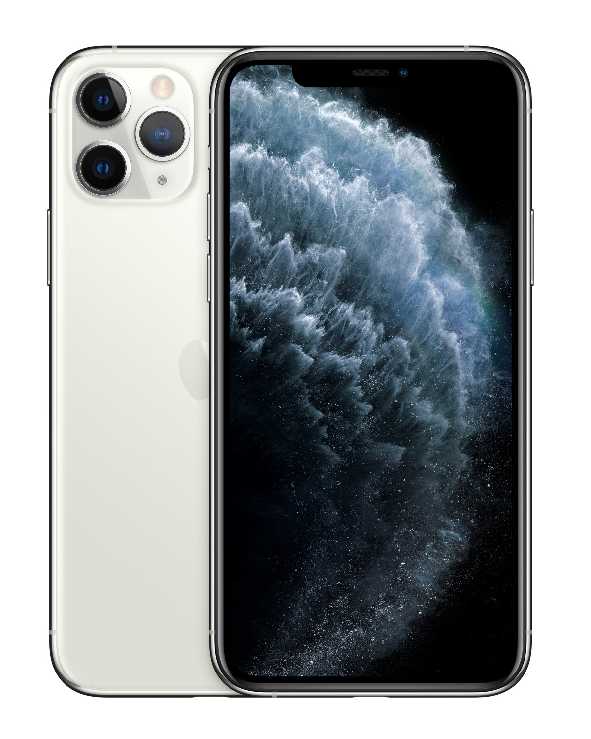 Weißes und silbernes Smartphone, Vorder- und Rückseite zeigend, mit Dreifachkamera.