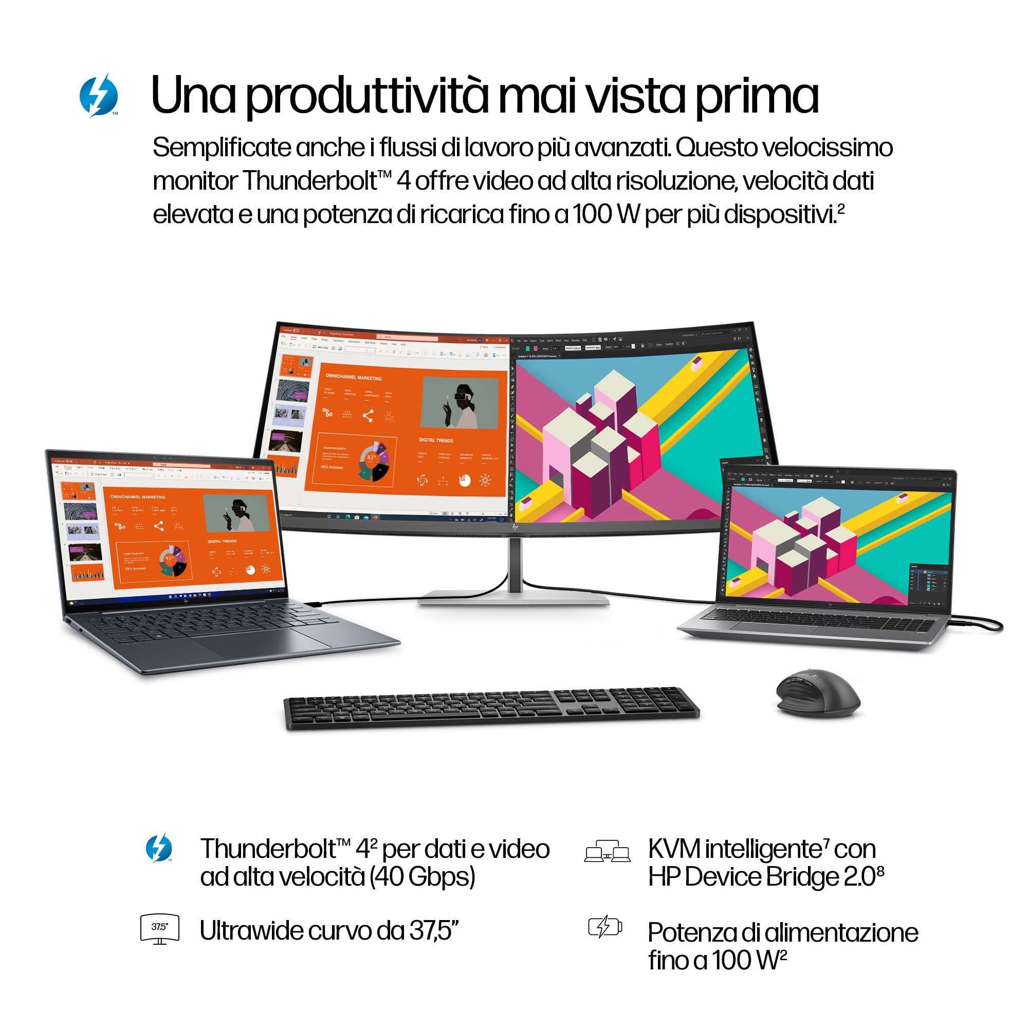 Reklama przedstawia wiele laptopów, monitor i klawiaturę. Wyświetlany jest również tekst i ikony.