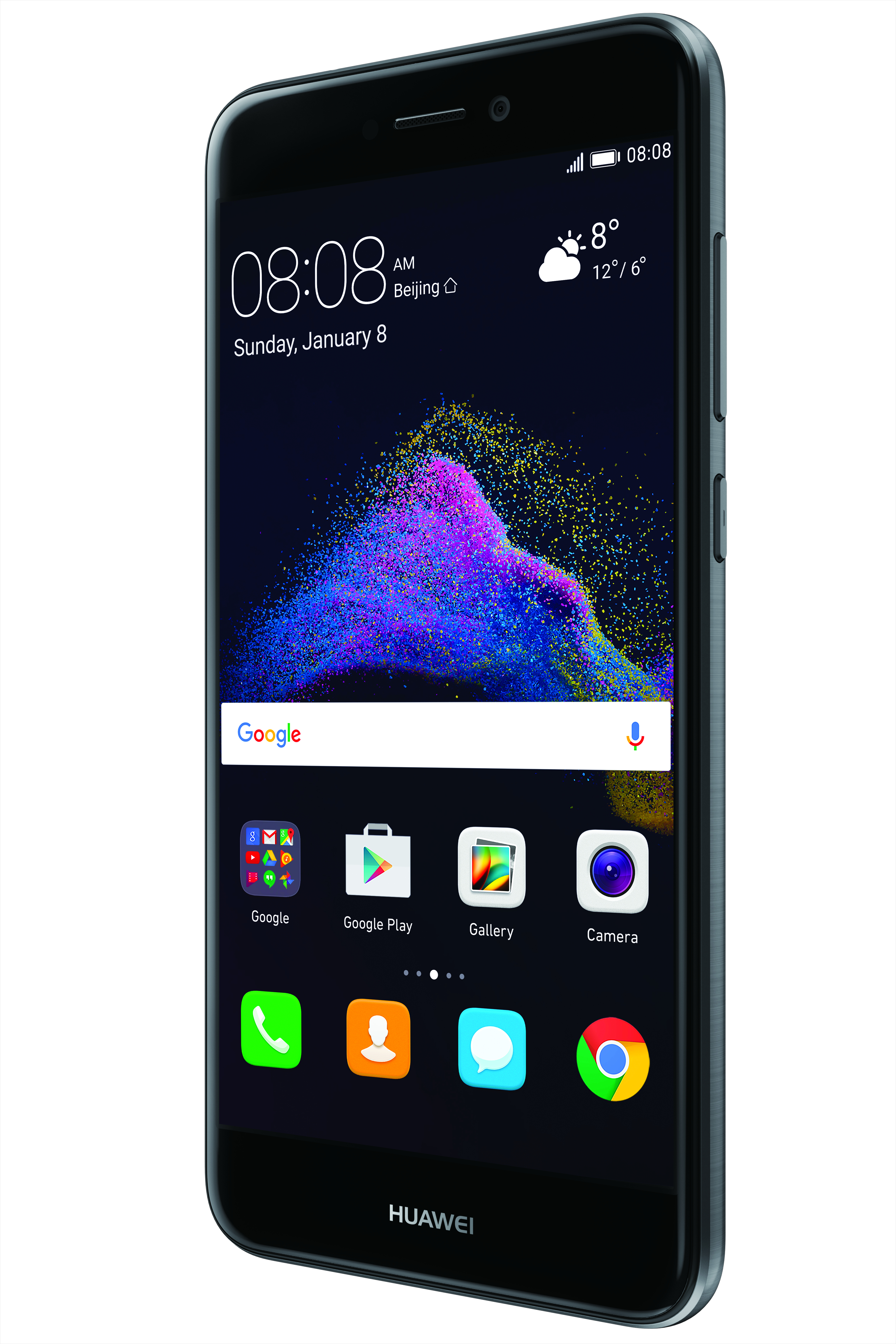 Schwarzes Huawei-Telefon. Bildschirm zeigt Uhrzeit, Wetter und App-Symbole. Vorderseite.