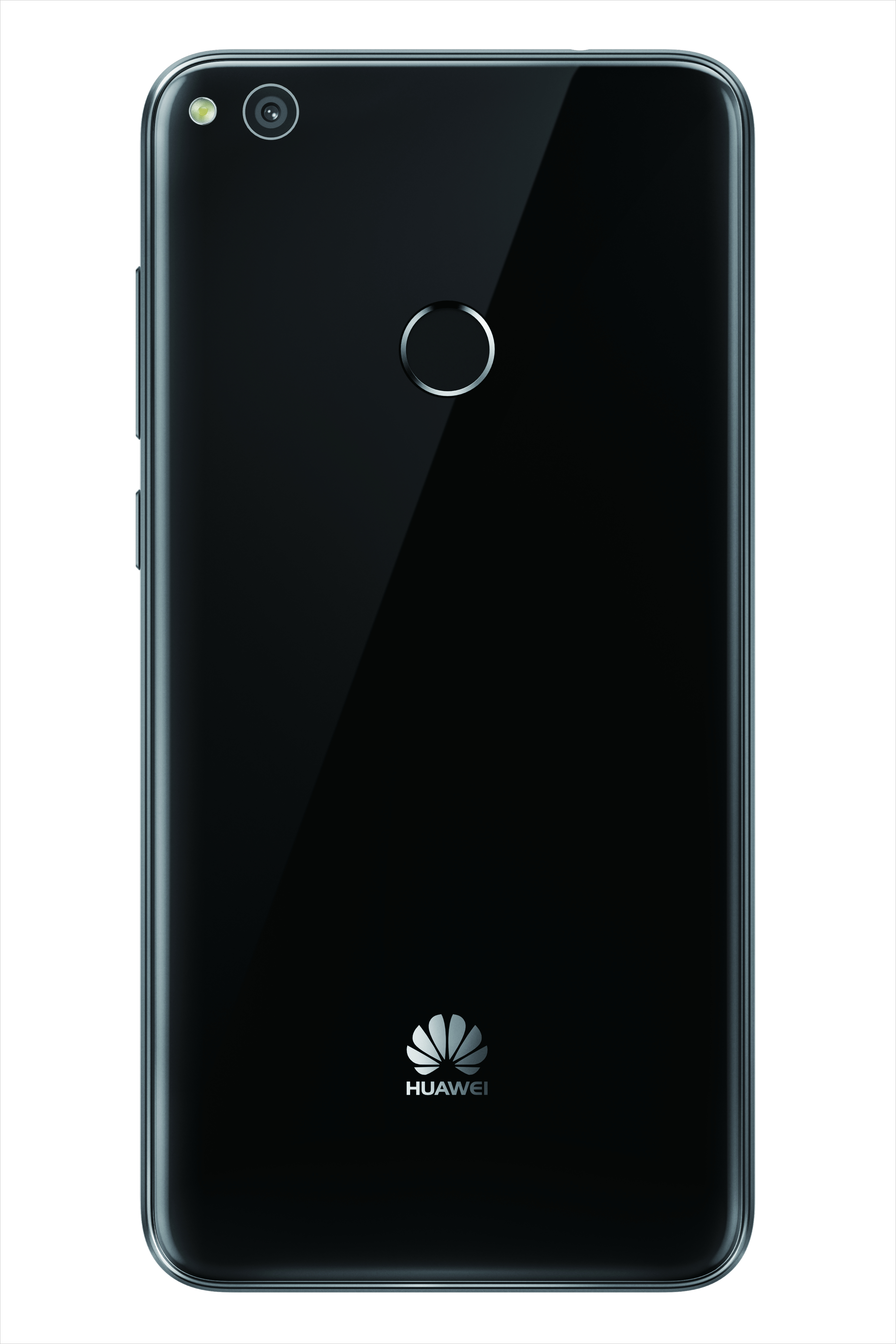Die Rückseite eines schwarzen Smartphones mit Kamera, Blitz und Fingerabdrucksensor.