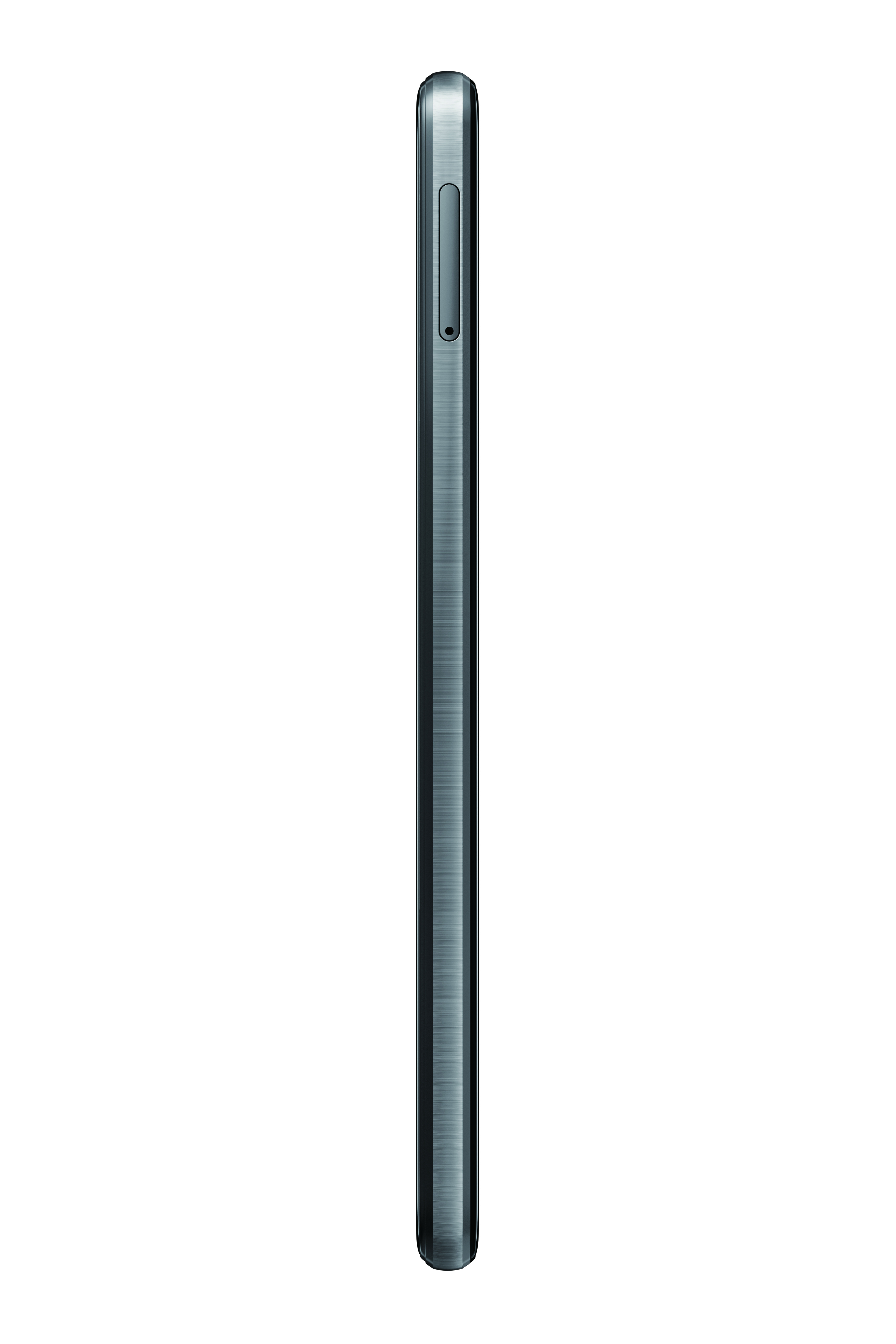 Seitenansicht eines blauen Smartphones. Ein-/Aus-Taste und eine Lautstärkewippe sind sichtbar.