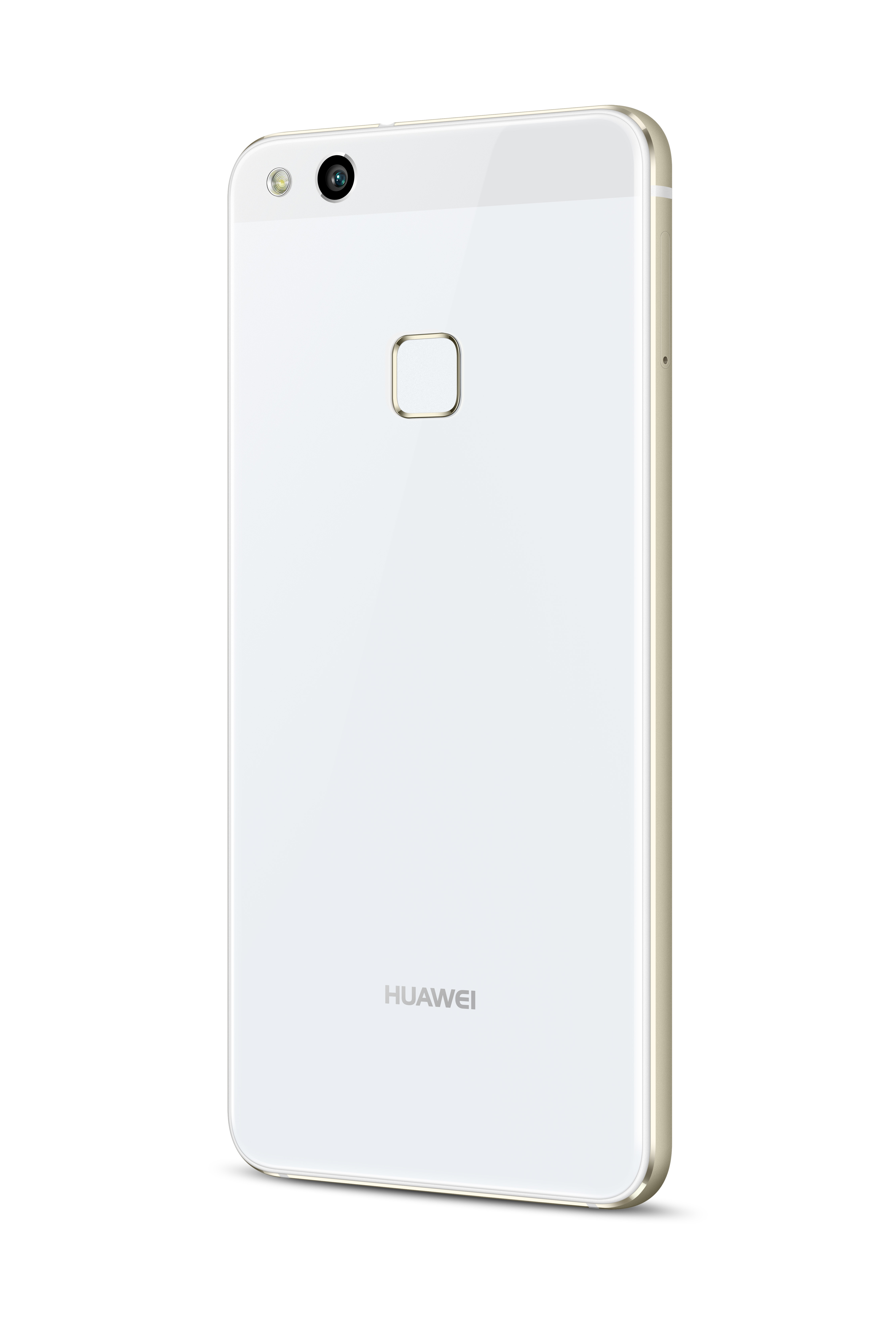 Weißes Smartphone auf weißem Hintergrund. Es hat eine Kamera, einen Fingerabdrucksensor und das Huawei-Logo.