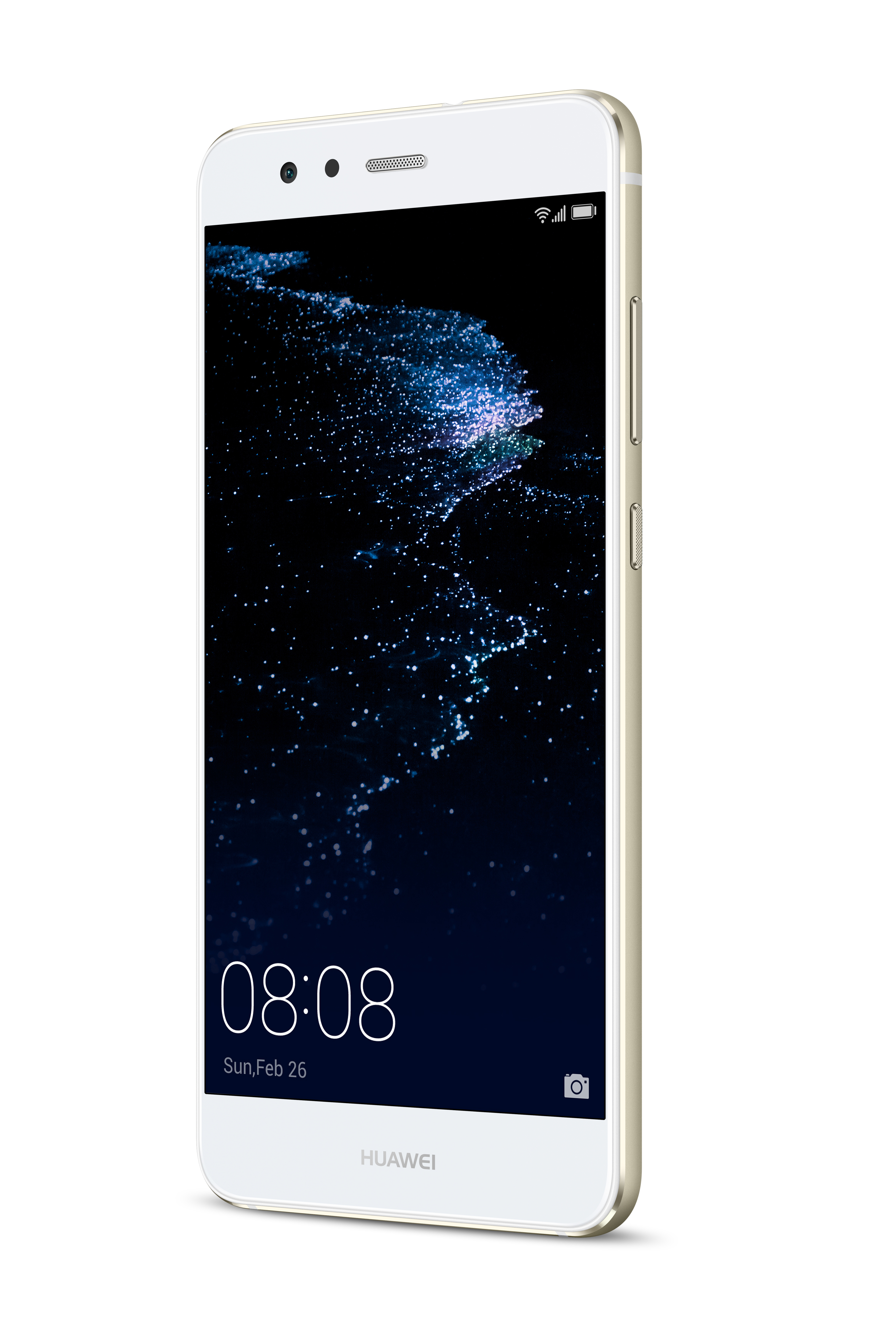 Seitenansicht eines weißen und goldenen Smartphones. Bildschirm zeigt einen blau-schwarzen Hintergrund.