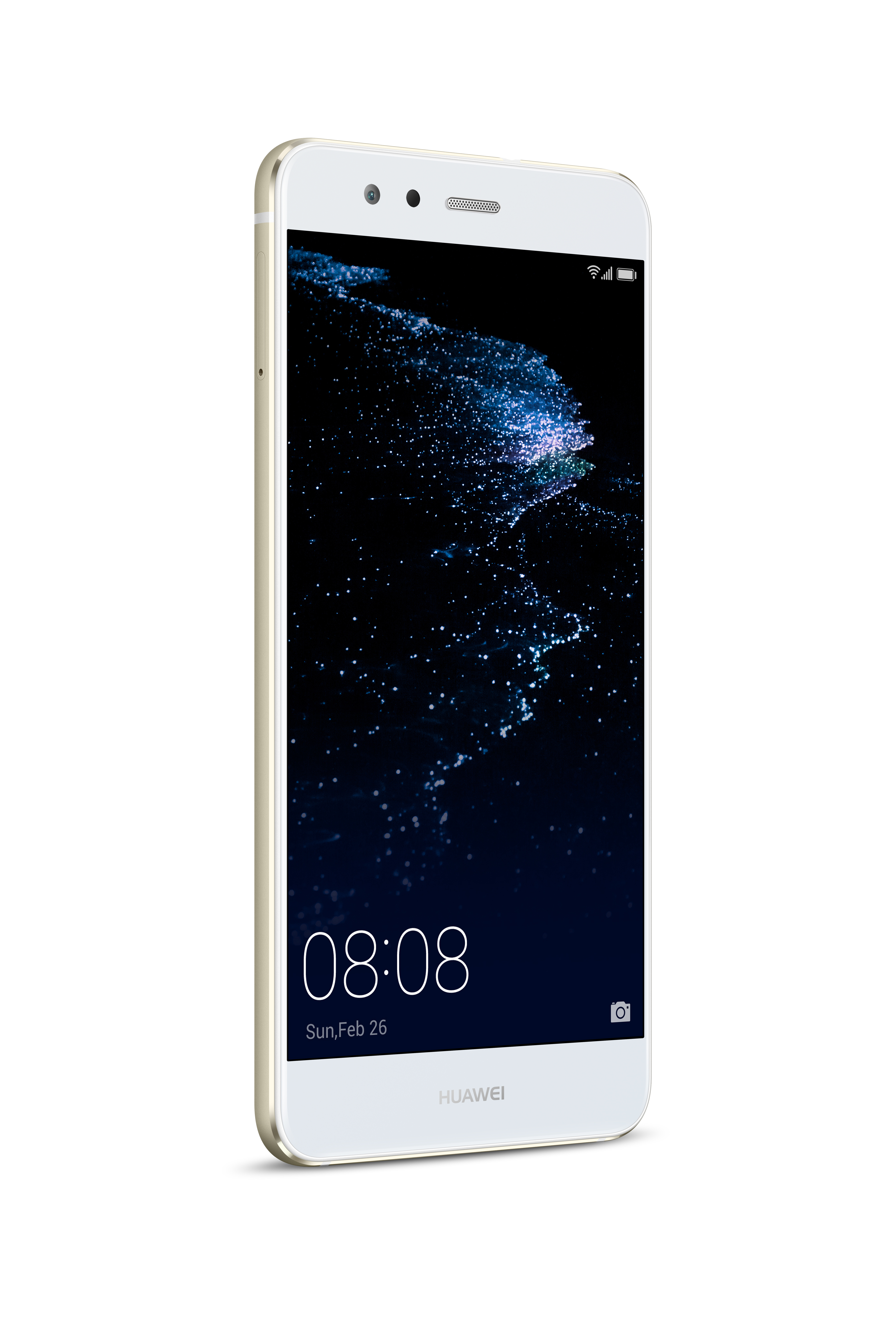 Ein weißes Smartphone mit schwarzem Bildschirm, der einen blauen, sternenbesetzten Hintergrund zeigt.