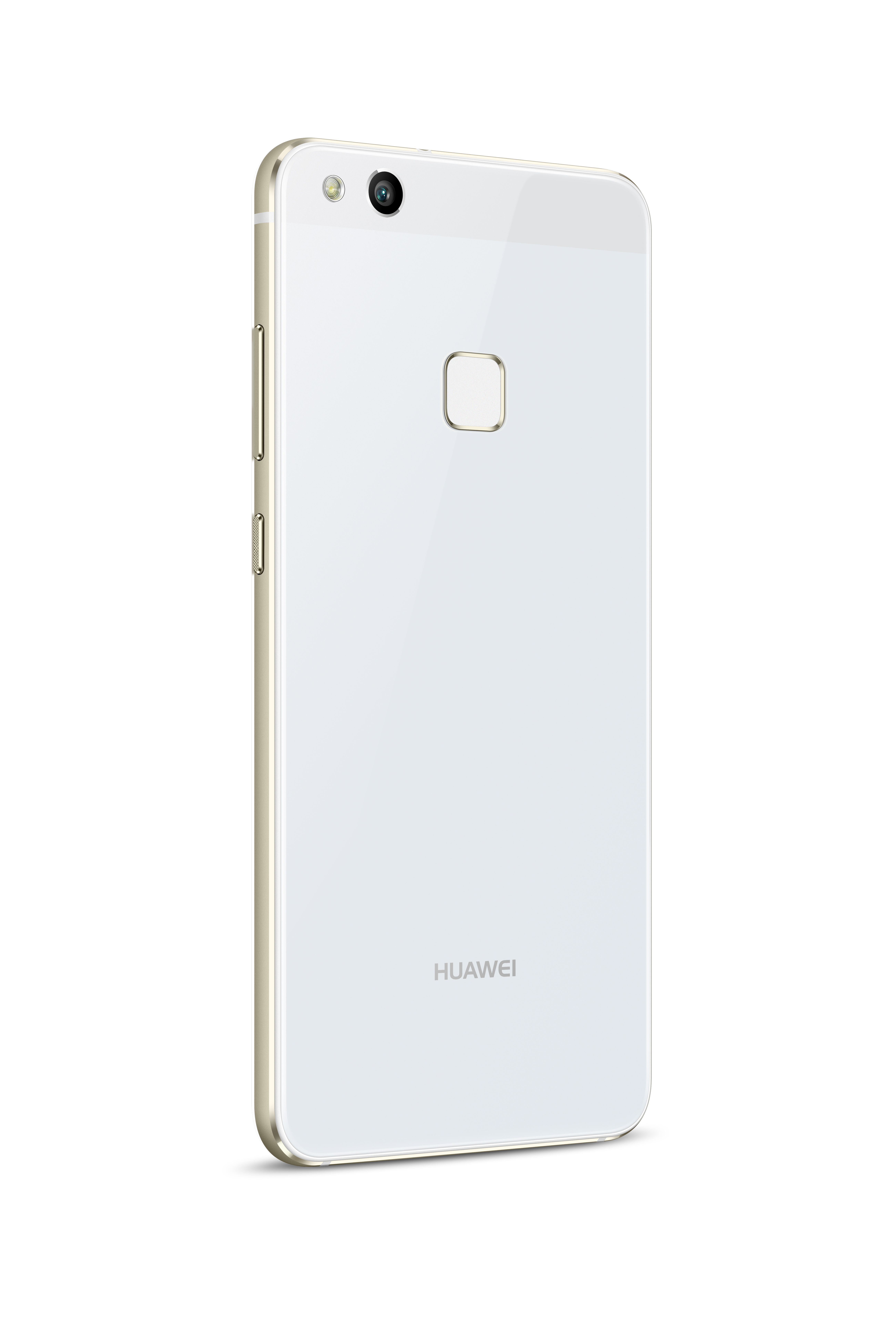Weißes Huawei-Telefon, glänzende Rückseite mit Kamera und Fingerabdrucksensor, goldener Rahmen.