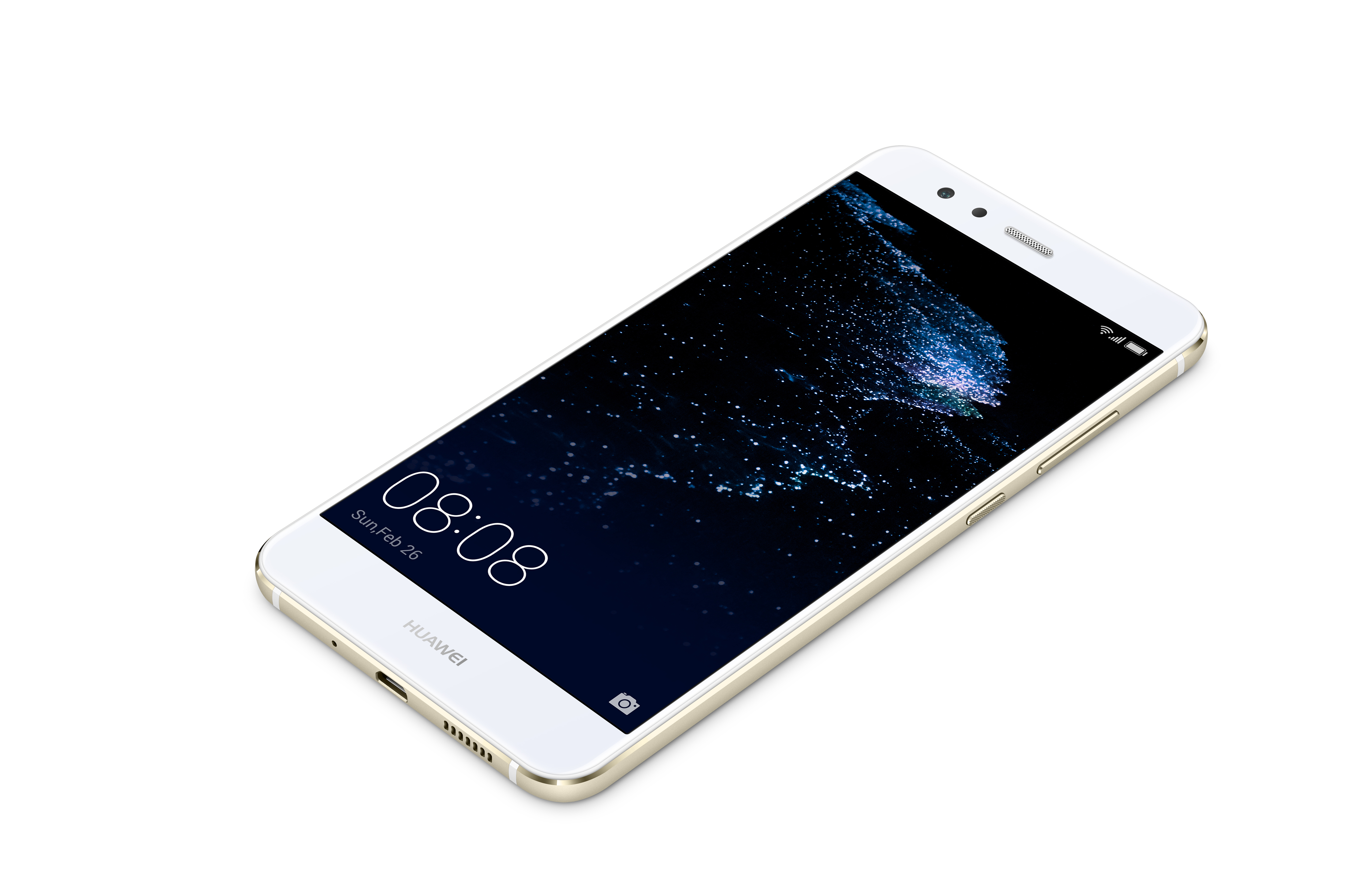 Weißes und goldenes Huawei-Smartphone. Der Bildschirm zeigt einen dunkelblauen Hintergrund mit Uhr.